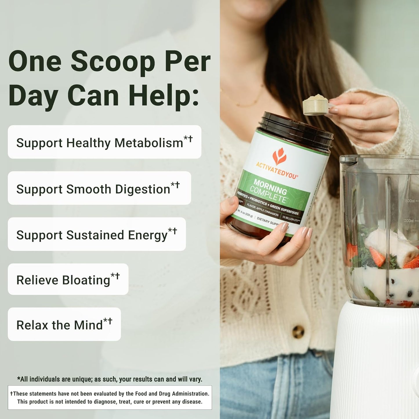 ACTIVATEDYOU Morning Complete Green Superfood Drink Mix for Gut Health with Prebiotics, Probiotics, Antioxidants, 10 Billion CFUs, 30 Servings - Apple Cinnamon Flavor
