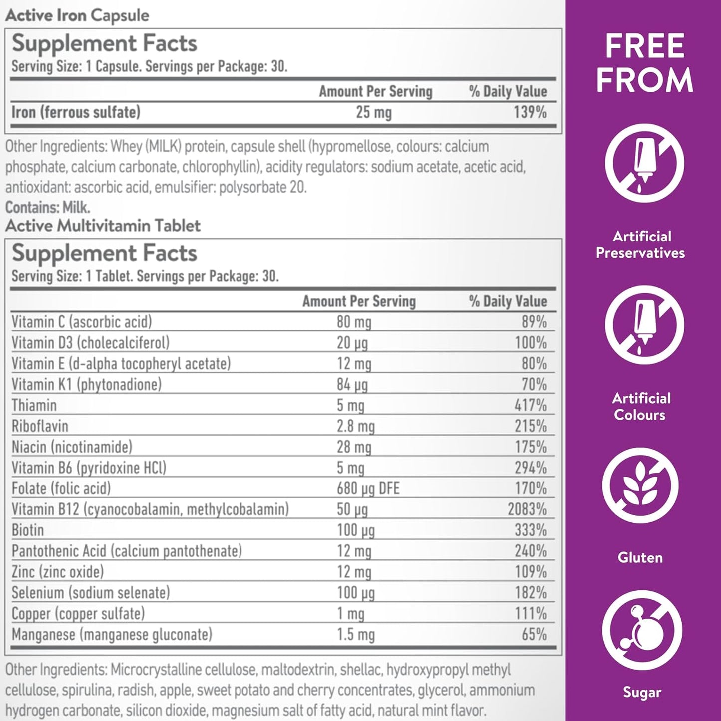 Active Iron for Women: Non-Constipating Iron Supplement with Multivitamin Tablets for Immune Support - 30 Capsules - 2 Pack