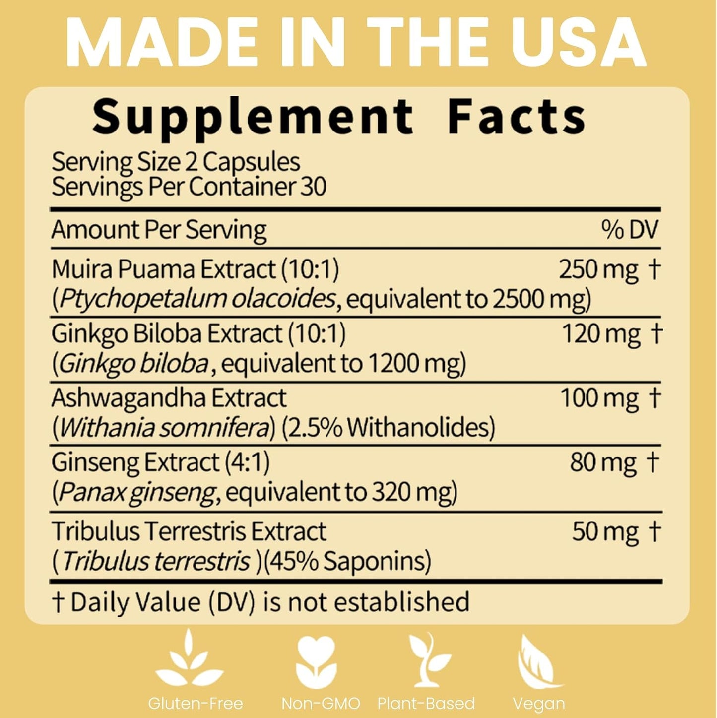 Adaptogen Energy Support Herbal Supplements with Ginseng, Ashwagandha, and Gingko - 60 Capsules for Immune Health and Stamina