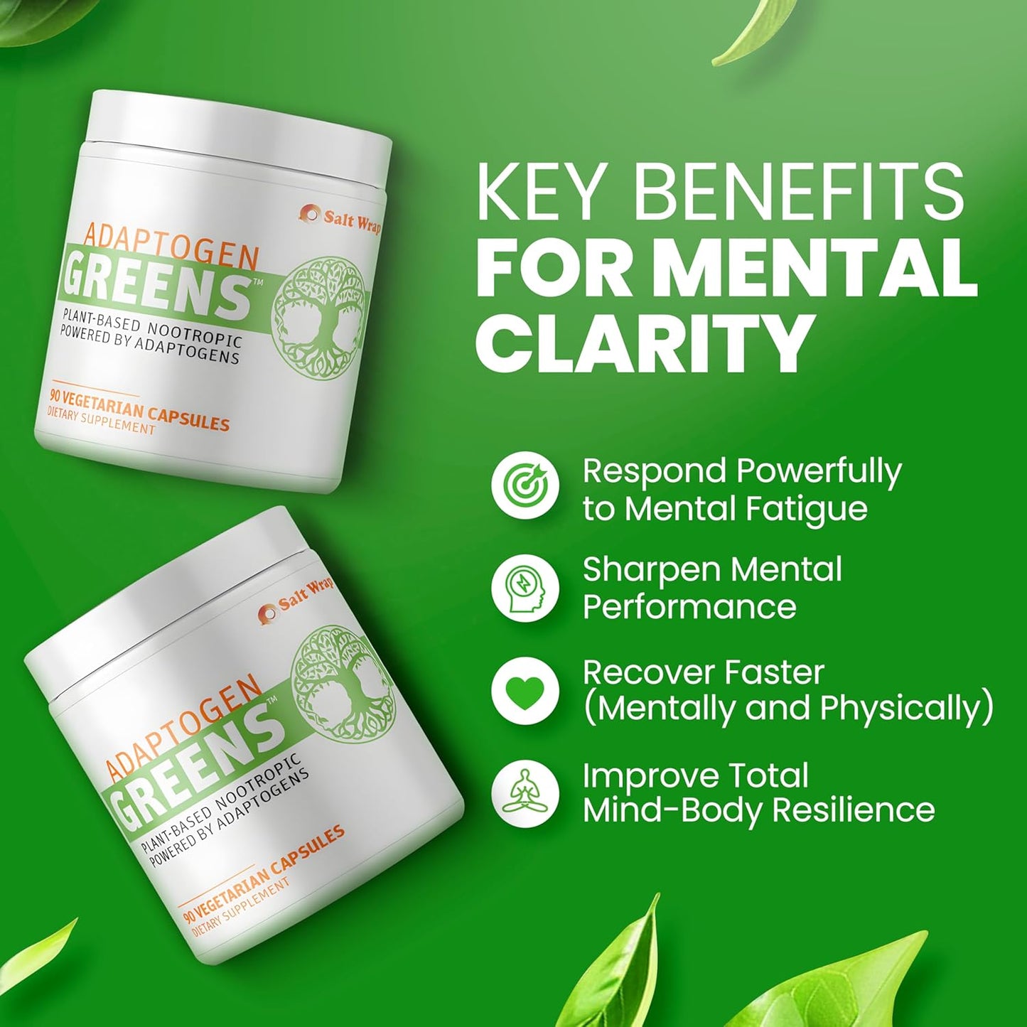 Adaptogen Greens Nootropic Supplement for Brain Memory Support - Enhance Mental Performance and Recovery with Science-Backed Formula (90 Capsules)