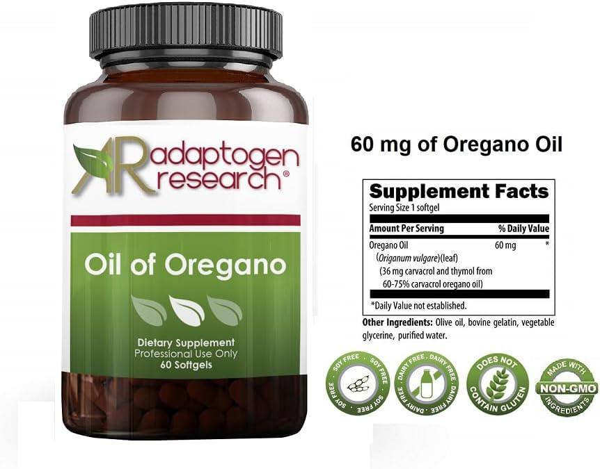 Adaptogen Research Oil of Oregano Softgels - High Carvacrol Concentration for Intestinal Cleansing - 60 Small Pills