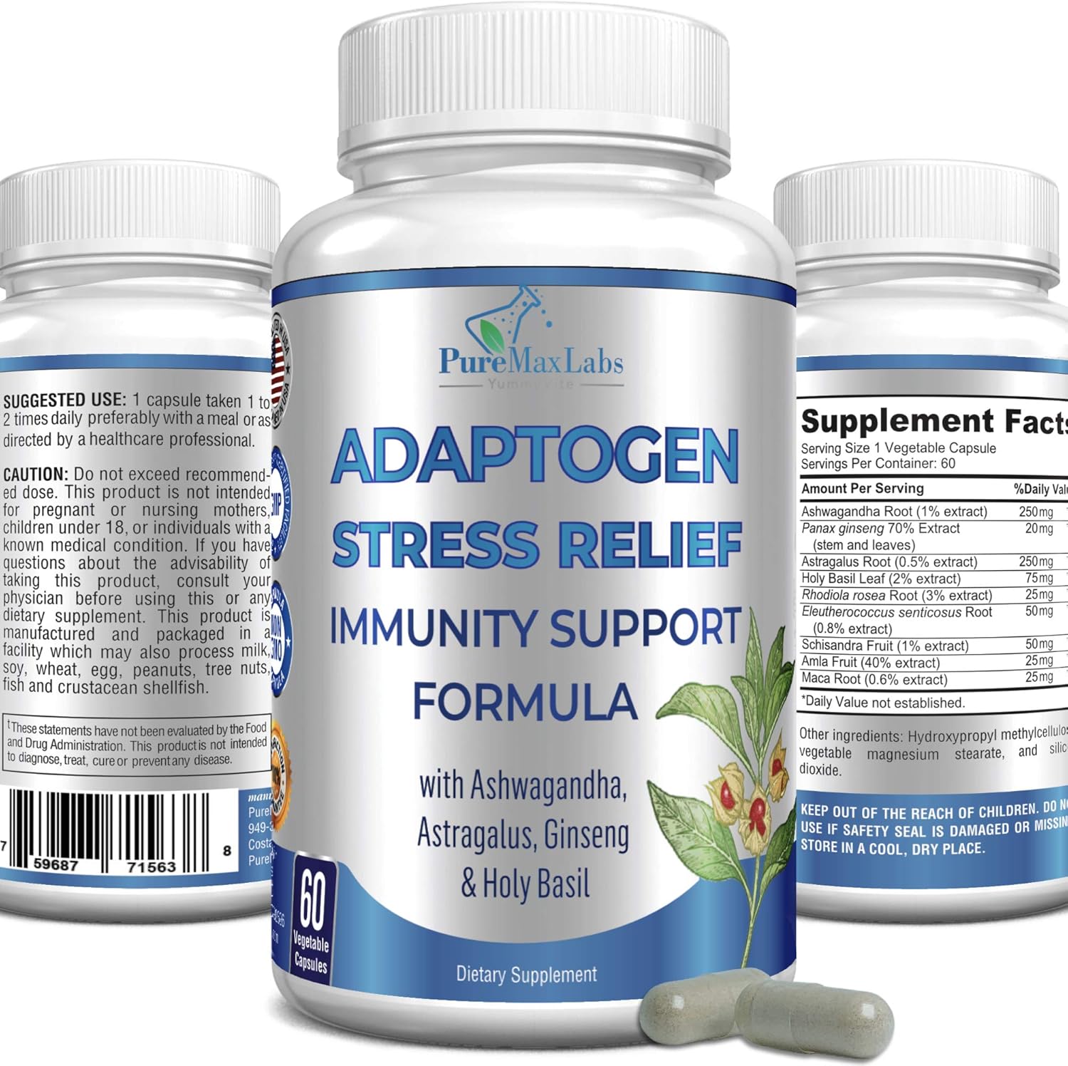 Adaptogen Stress Relief Immune Support Formula with Ashwagandha, Ginseng, and Maca - 60 Capsules