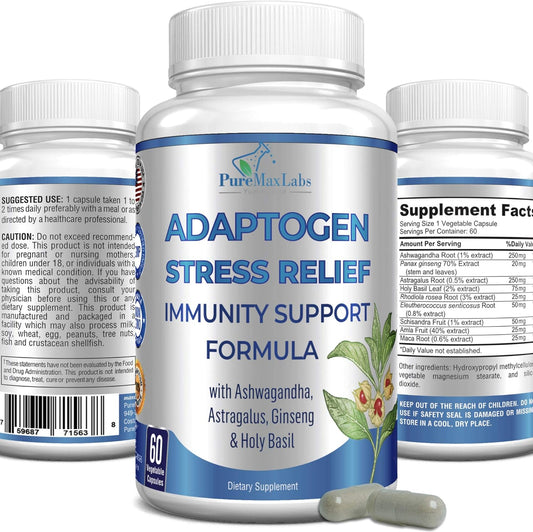 Adaptogen Stress Relief Immune Support Formula with Ashwagandha, Ginseng, and Maca - 60 Capsules