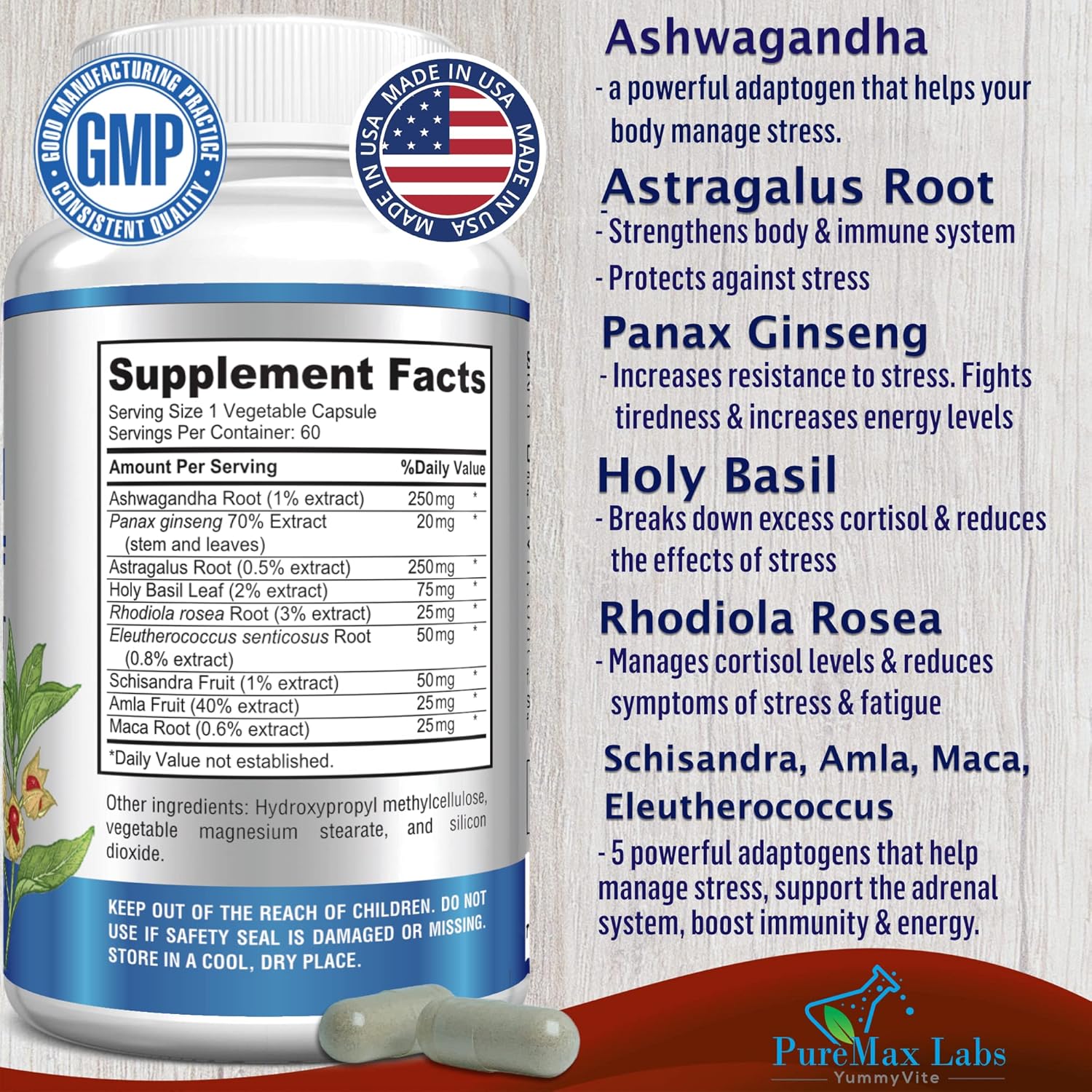 Adaptogen Stress Relief Immune Support Formula with Ashwagandha, Ginseng, and Maca - 60 Capsules