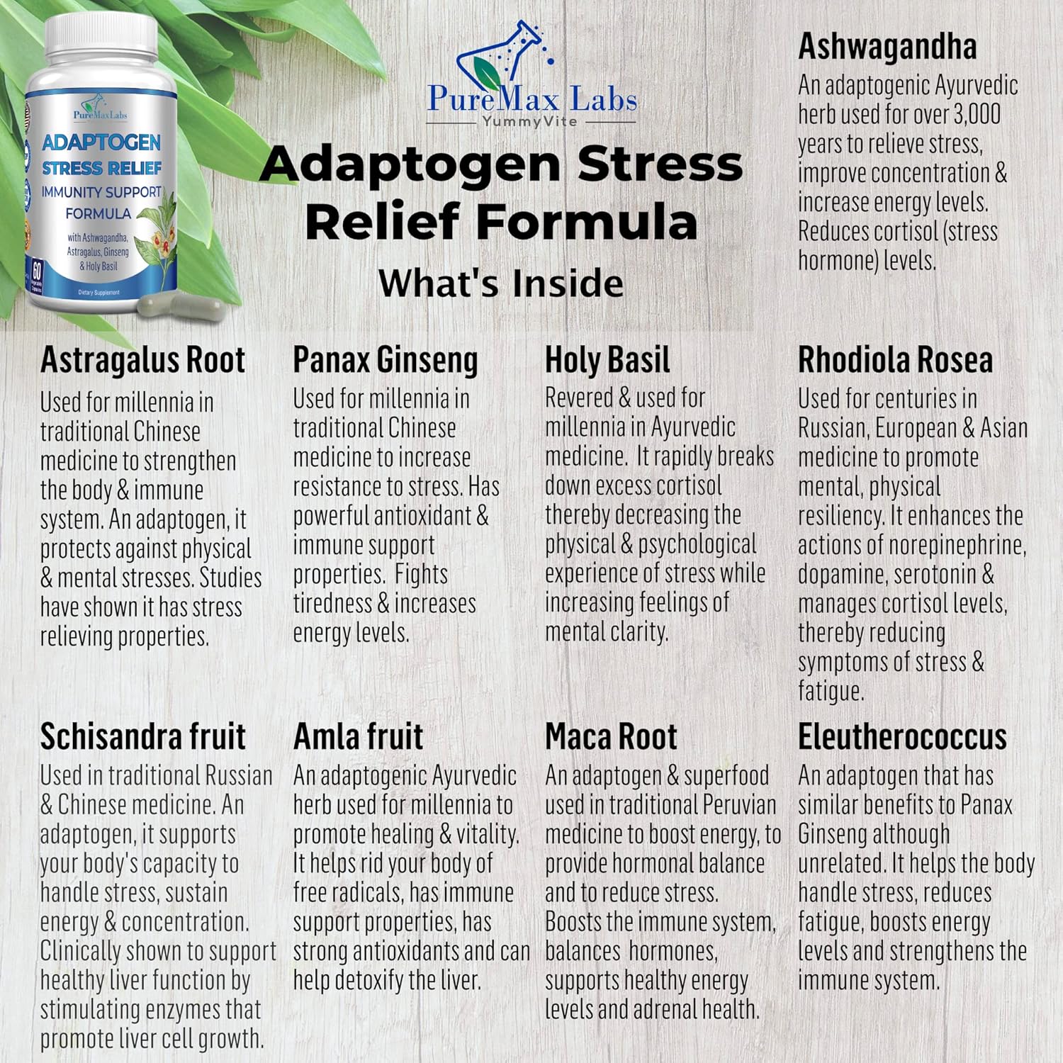 Adaptogen Stress Relief Immune Support Formula with Ashwagandha, Ginseng, and Maca - 60 Capsules