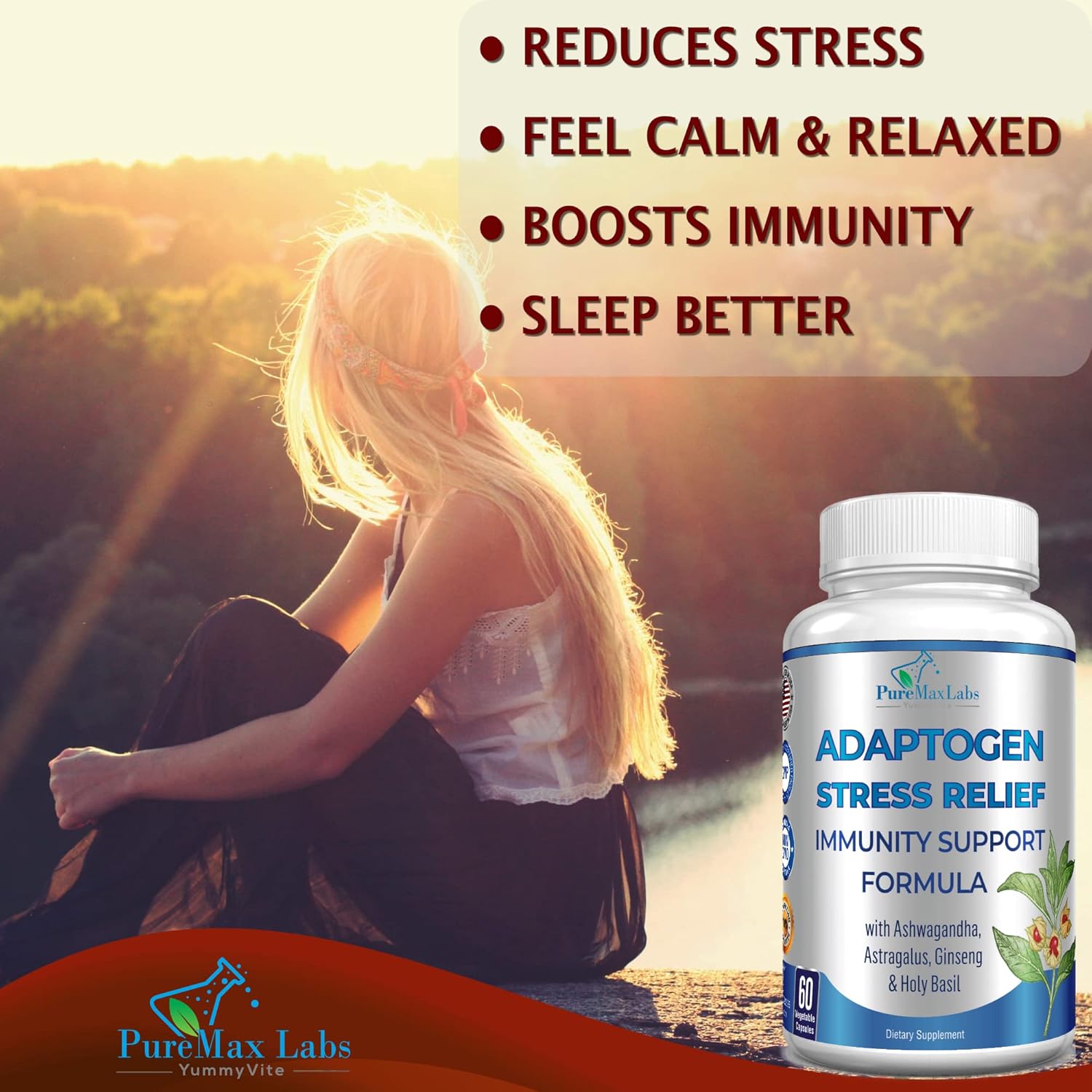 Adaptogen Stress Relief Immune Support Formula with Ashwagandha, Ginseng, and Maca - 60 Capsules