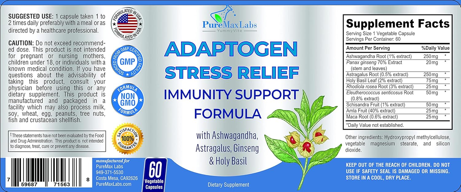 Adaptogen Stress Relief Immune Support Formula with Ashwagandha, Ginseng, and Maca - 60 Capsules