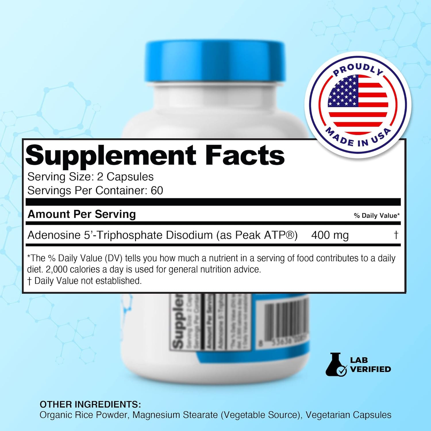 Adenosine Triphosphate Disodium Capsules - 120 Capsules - 400mg per Serving - Boost Energy and Stamina