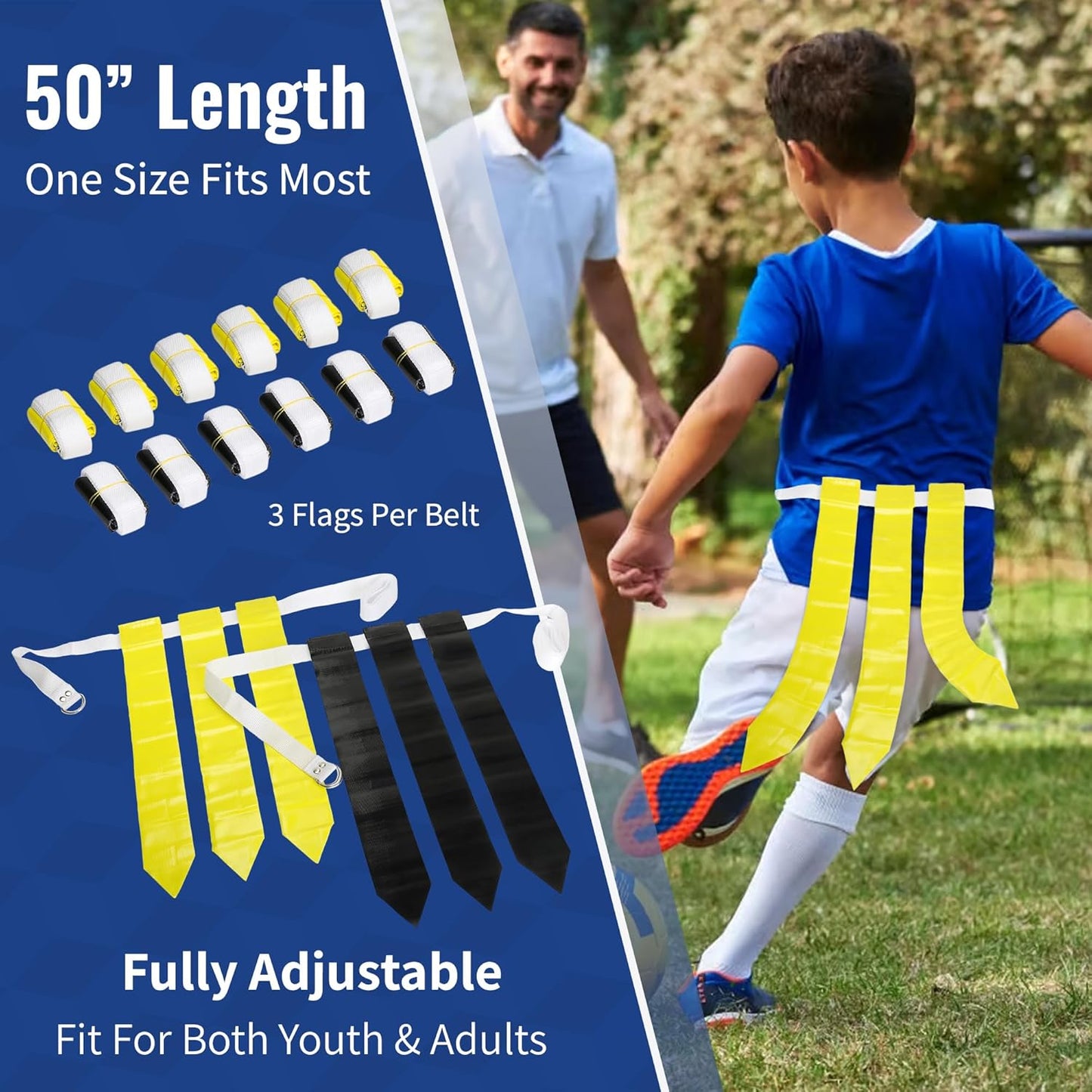 Adjustable Flag Football Set for 12 Players - 36 Flags, Hook and Loop Fastener, Double D-Ring Closure, Nylon Belt - Adults and Youth