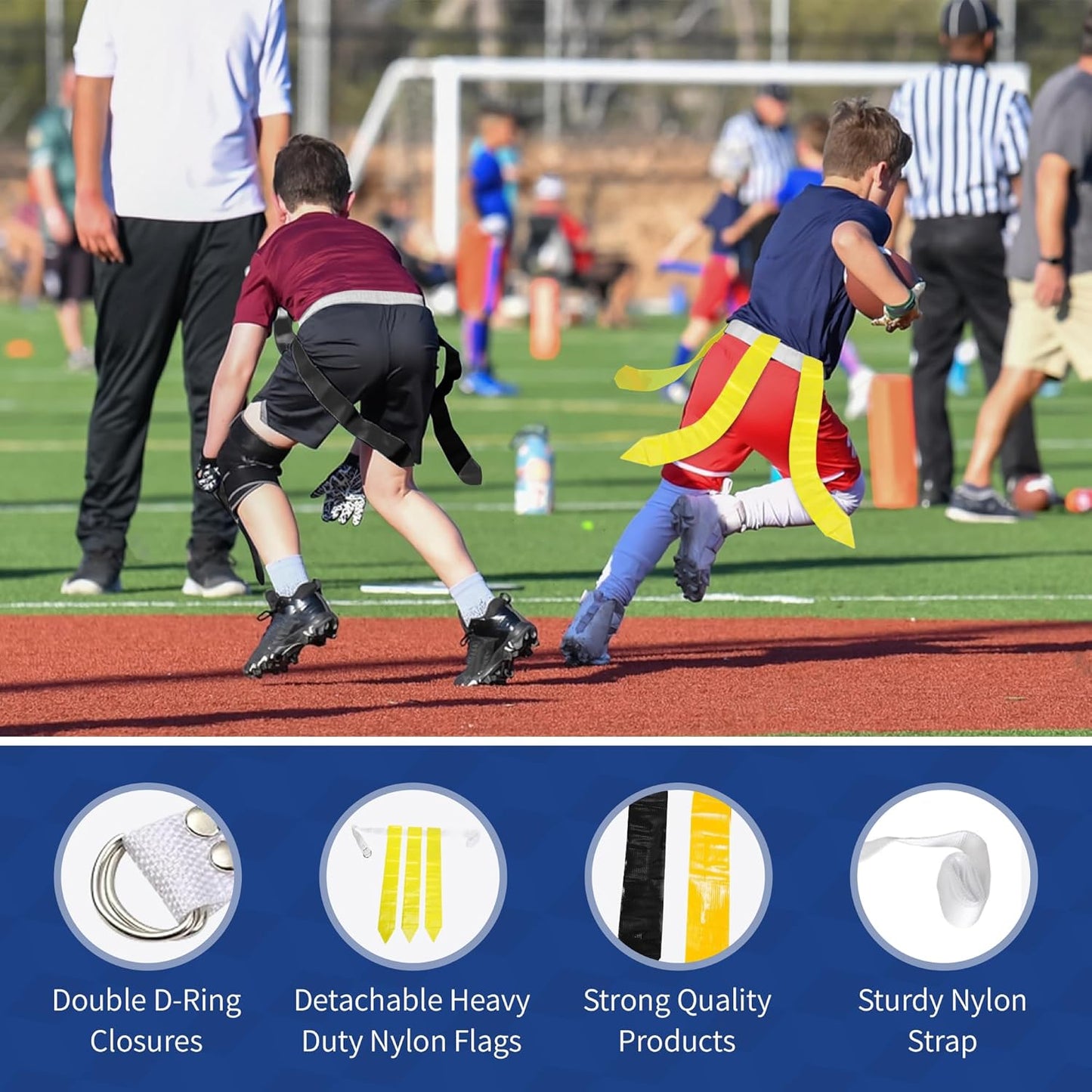 Adjustable Flag Football Set for 12 Players - 36 Flags, Hook and Loop Fastener, Double D-Ring Closure, Nylon Belt - Adults and Youth