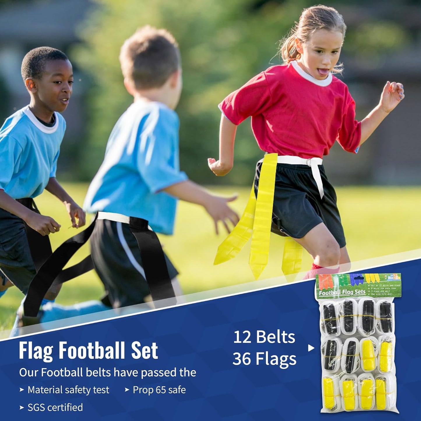 Adjustable Flag Football Set for 12 Players - 36 Flags, Hook and Loop Fastener, Double D-Ring Closure, Nylon Belt - Adults and Youth