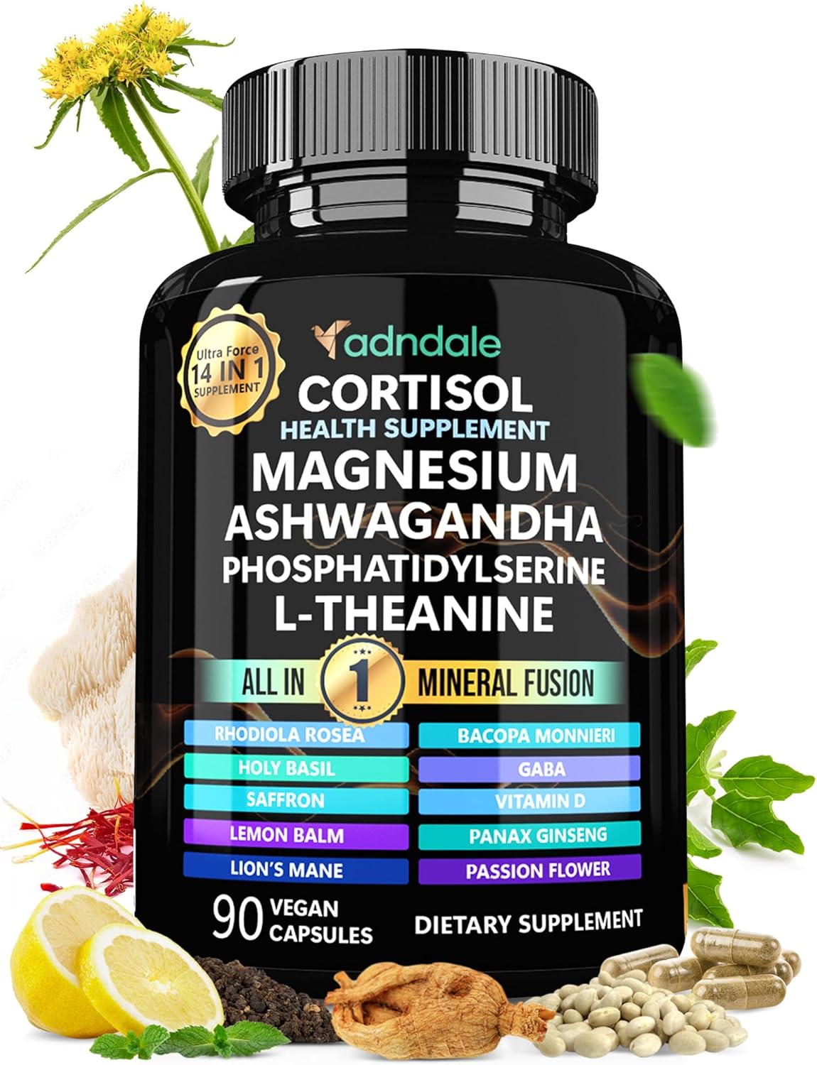 Adndale 14-in-1 Cortisol Support Supplement with Ashwagandha & Rhodiola - Stress Management for Women - 90 Capsules