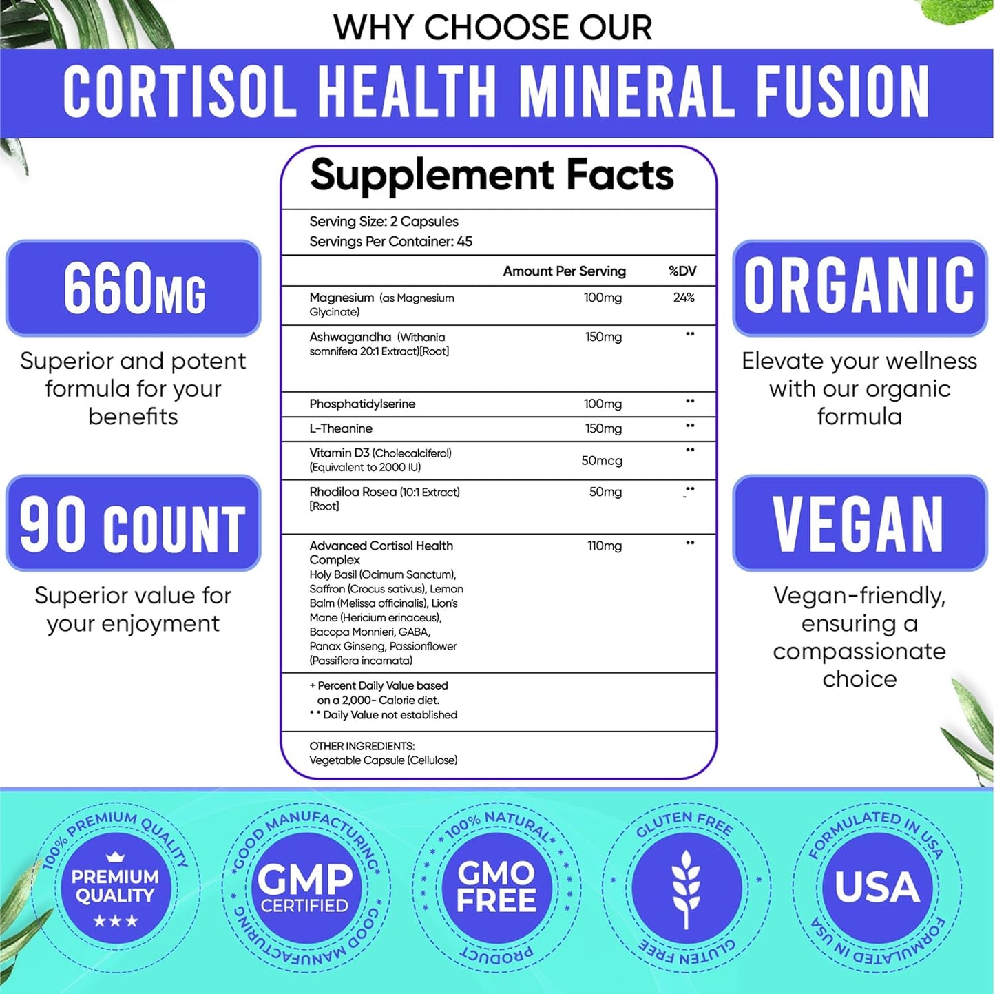 Adndale 14-in-1 Cortisol Support Supplement with Ashwagandha & Rhodiola - Stress Management for Women - 90 Capsules