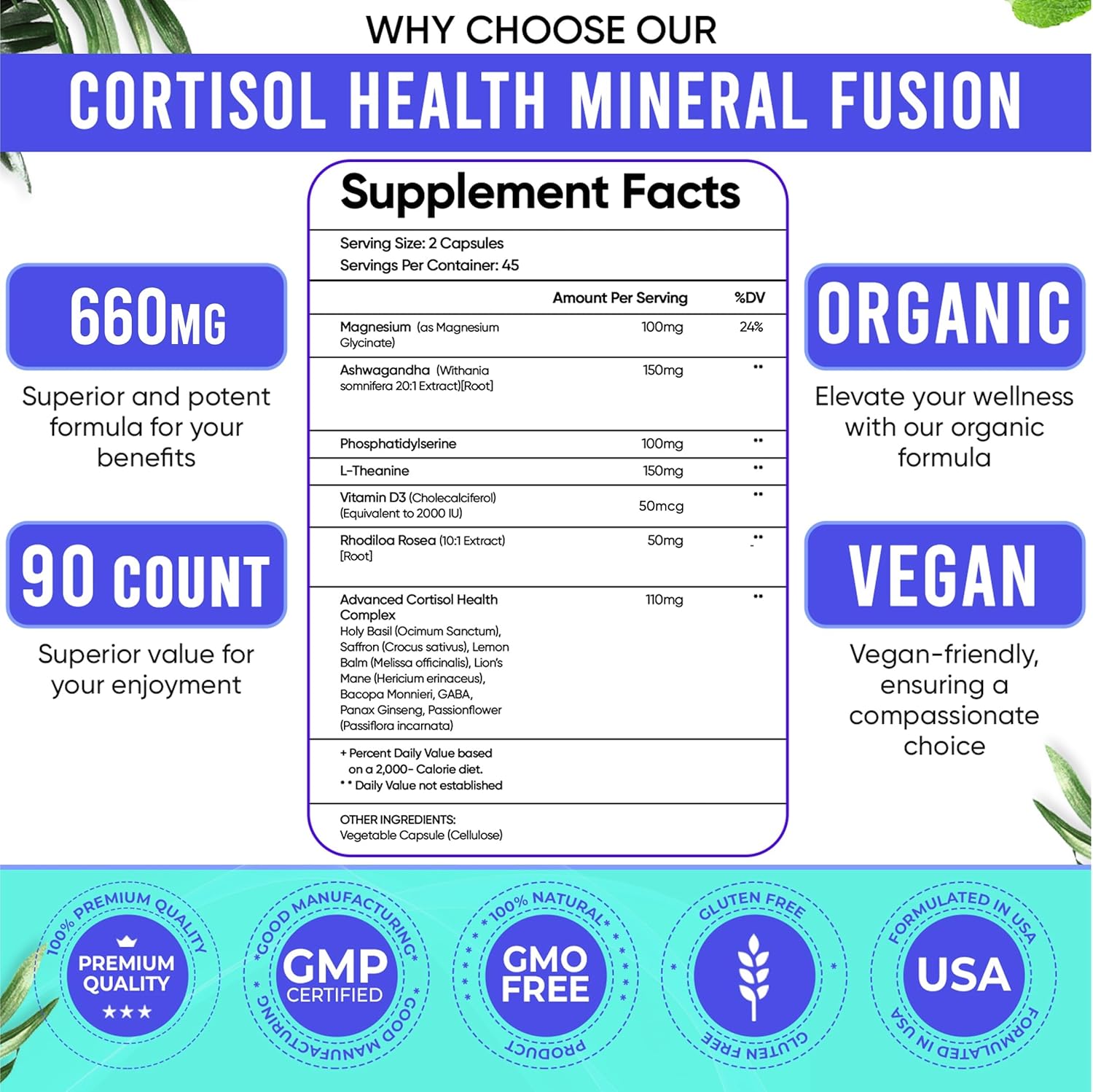 Adndale 14-in-1 Cortisol Support Supplement with Ashwagandha & Rhodiola - Stress Management for Women - 90 Capsules