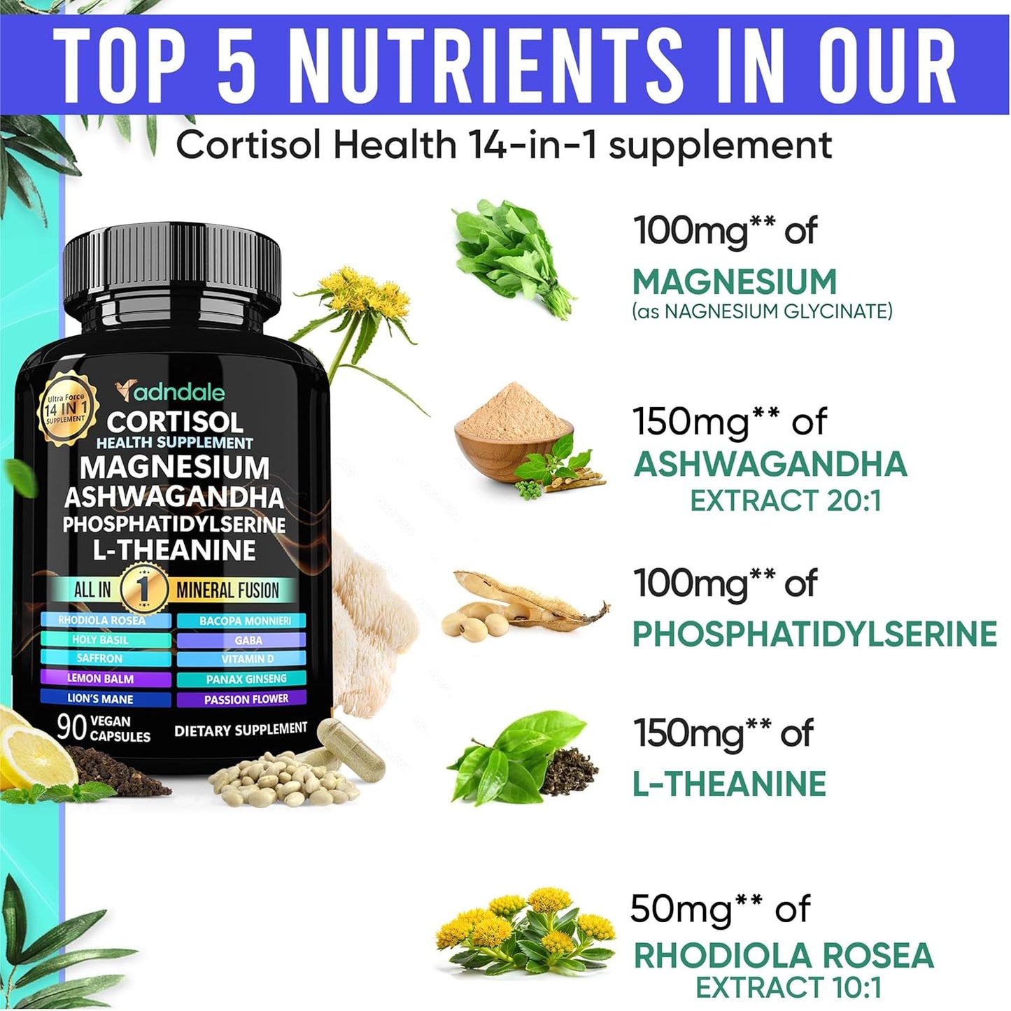 Adndale 14-in-1 Cortisol Support Supplement with Ashwagandha & Rhodiola - Stress Management for Women - 90 Capsules