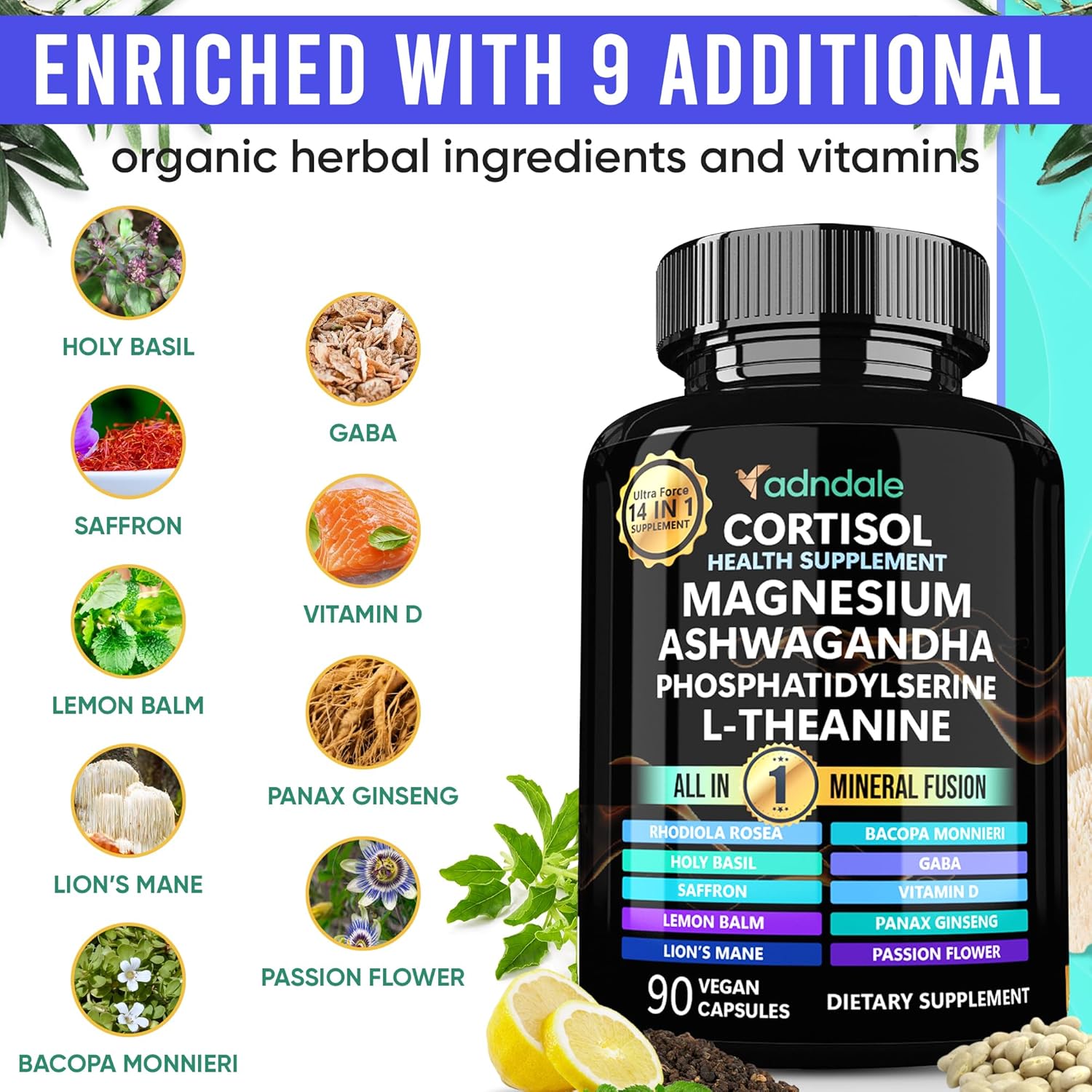 Adndale 14-in-1 Cortisol Support Supplement with Ashwagandha & Rhodiola - Stress Management for Women - 90 Capsules