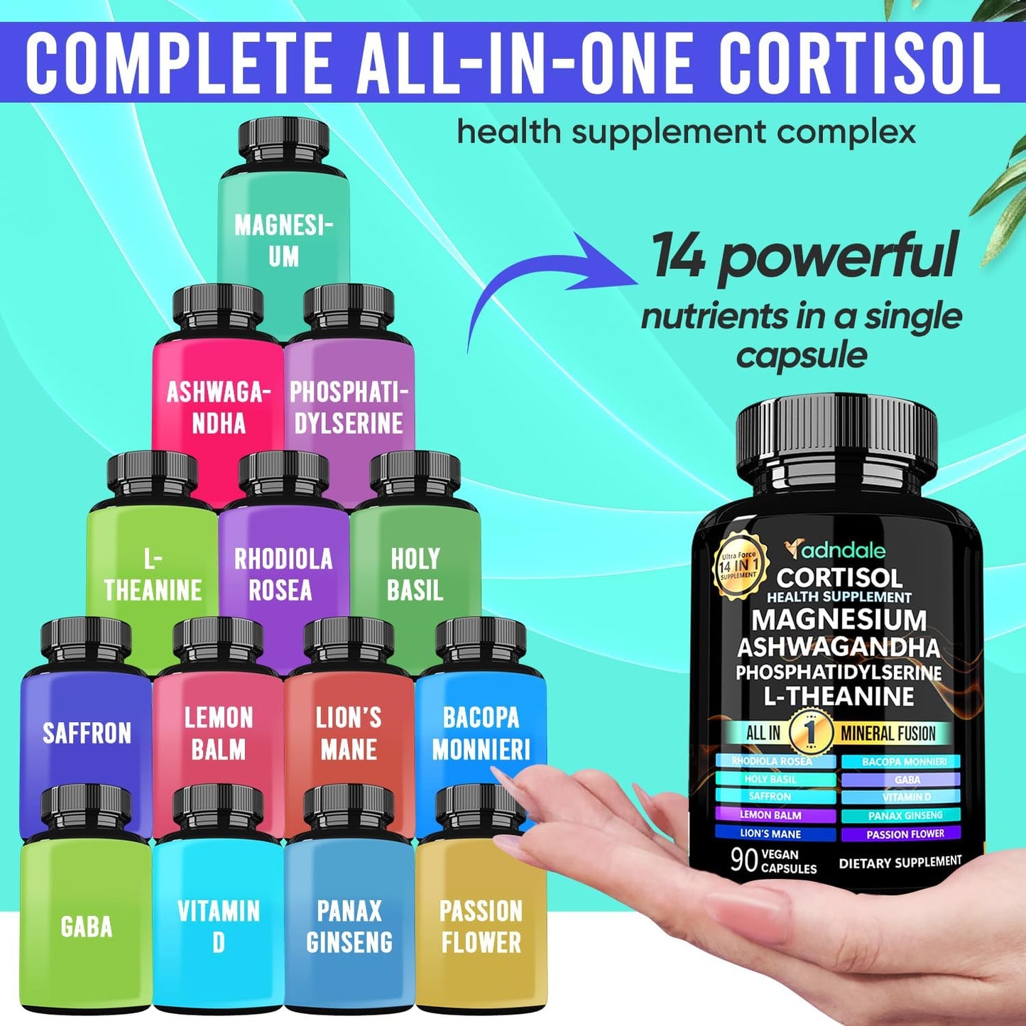 Adndale 14-in-1 Cortisol Support Supplement with Ashwagandha & Rhodiola - Stress Management for Women - 90 Capsules