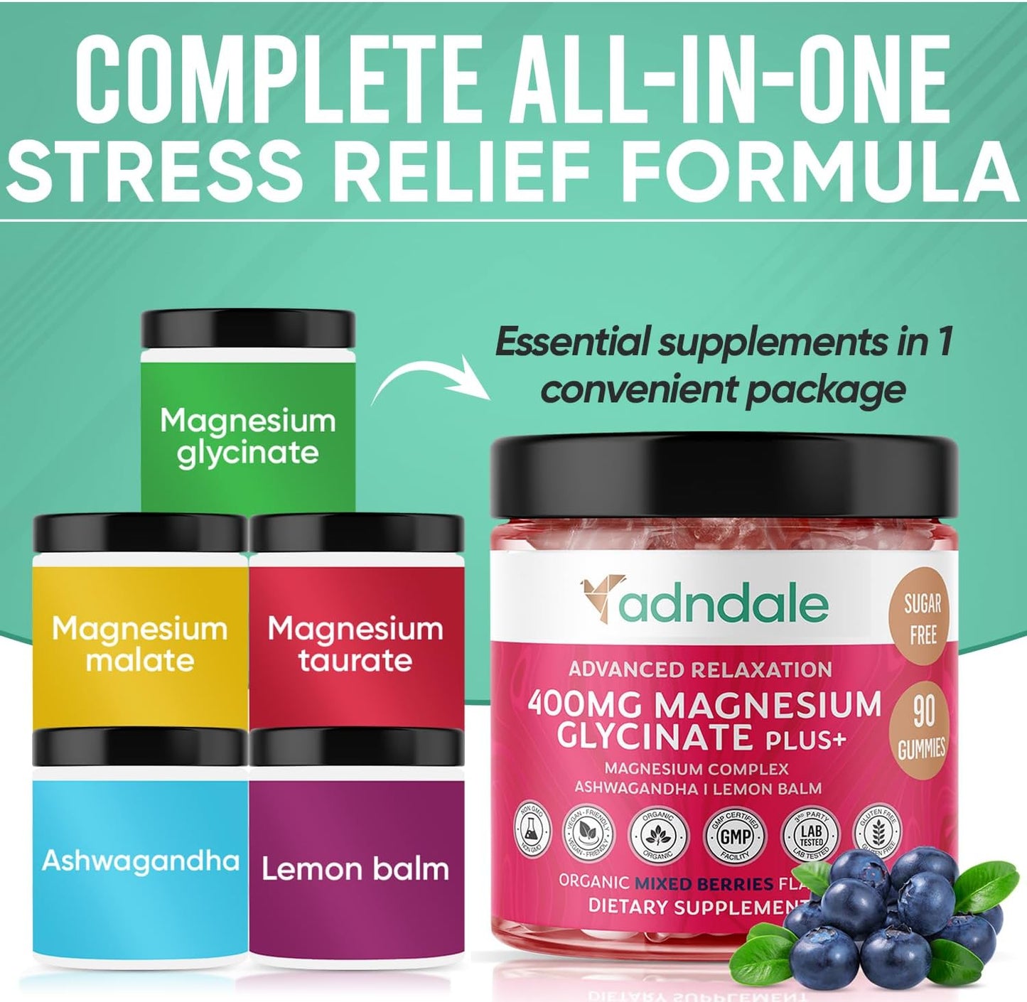 Adndale Magnesium Gummies 400mg/Serv with Ashwagandha - Sugar Free Chews for Relaxation, Stress Relief, and Muscle Support