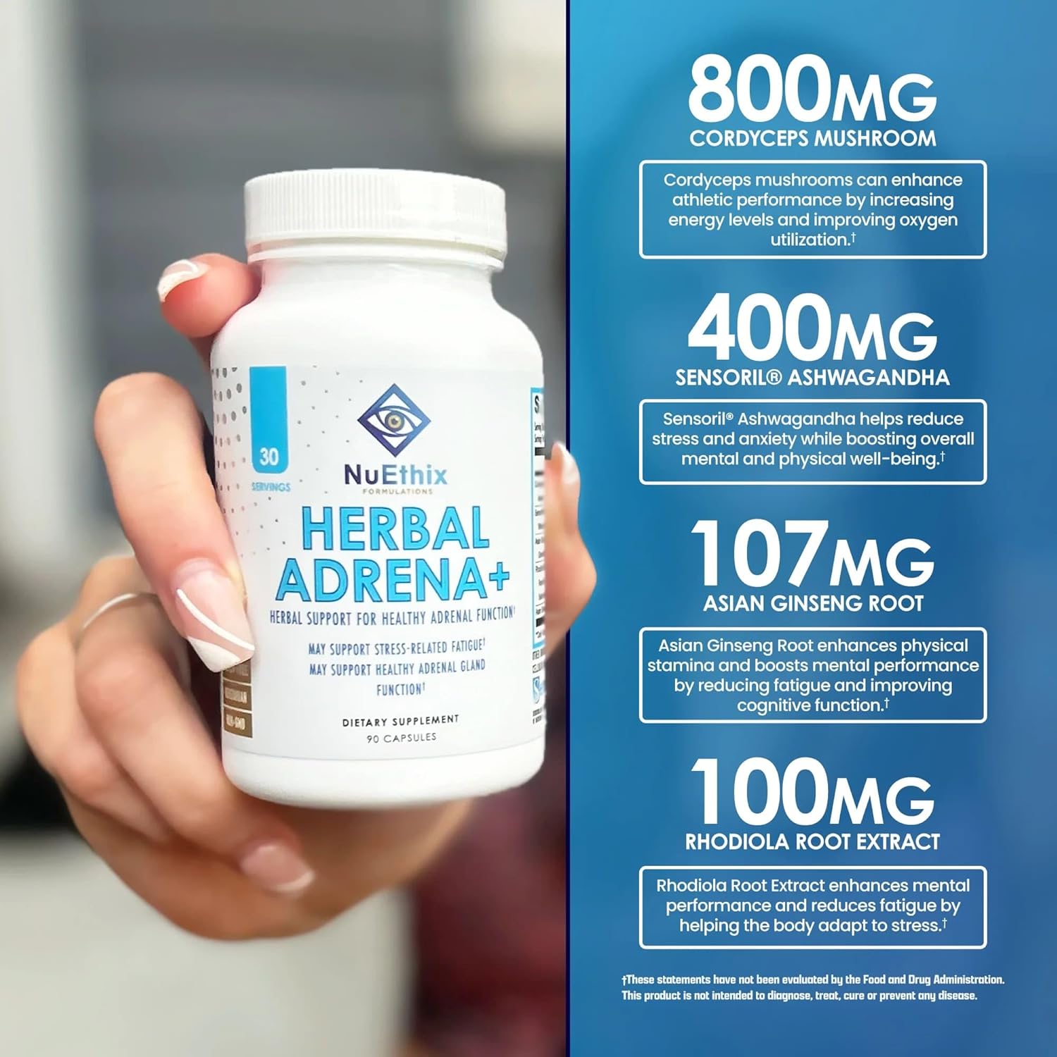 Adrena+ Herbal Adrenal Support Supplements for Energy & Mood - Cordyceps & Ashwagandha - Non-GMO - 30 Servings
