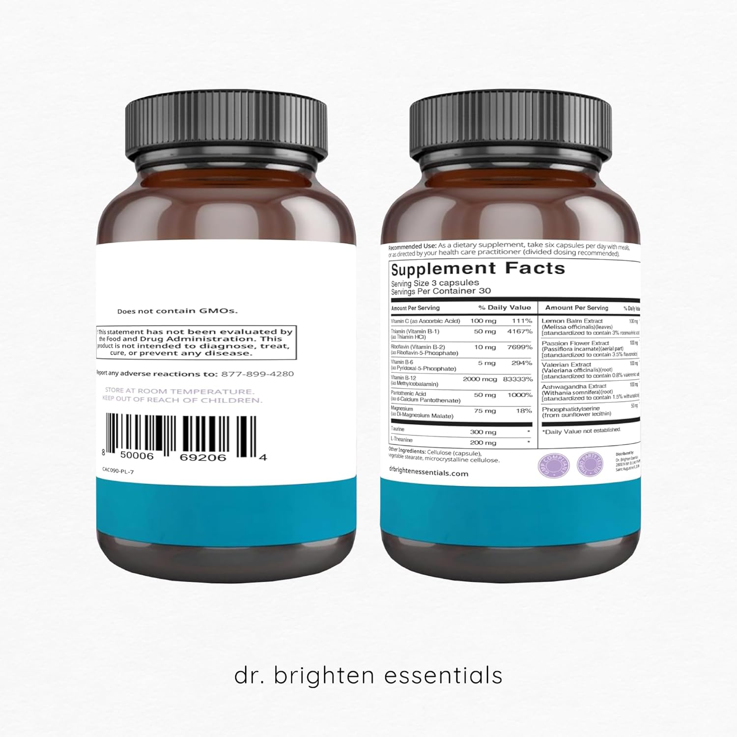 Adrenal Calm Supplement with Ashwagandha, B Vitamins, and Lemon Balm for Stress Relief and Better Sleep - Non-GMO, 90 Capsules