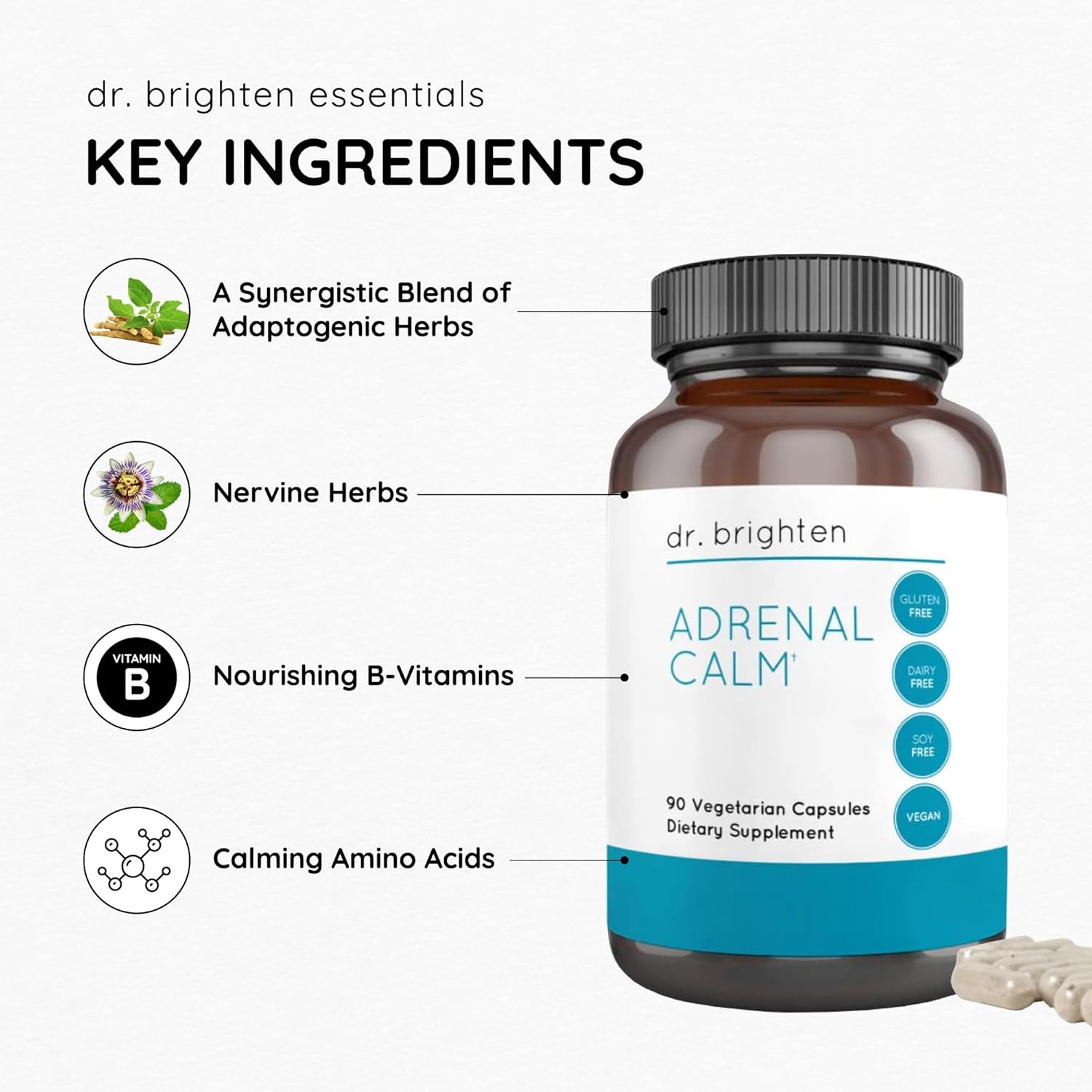 Adrenal Calm Supplement with Ashwagandha, B Vitamins, and Lemon Balm for Stress Relief and Better Sleep - Non-GMO, 90 Capsules