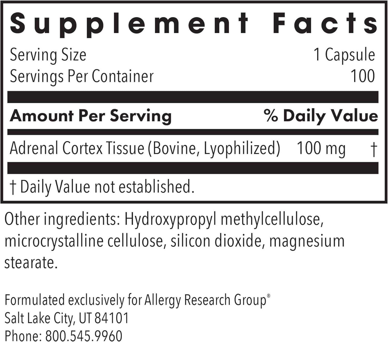 Adrenal Cortex Support Capsules - 100mg Adrenal Extract, Bovine Glandular Supplement for Immune Function - 100 Count