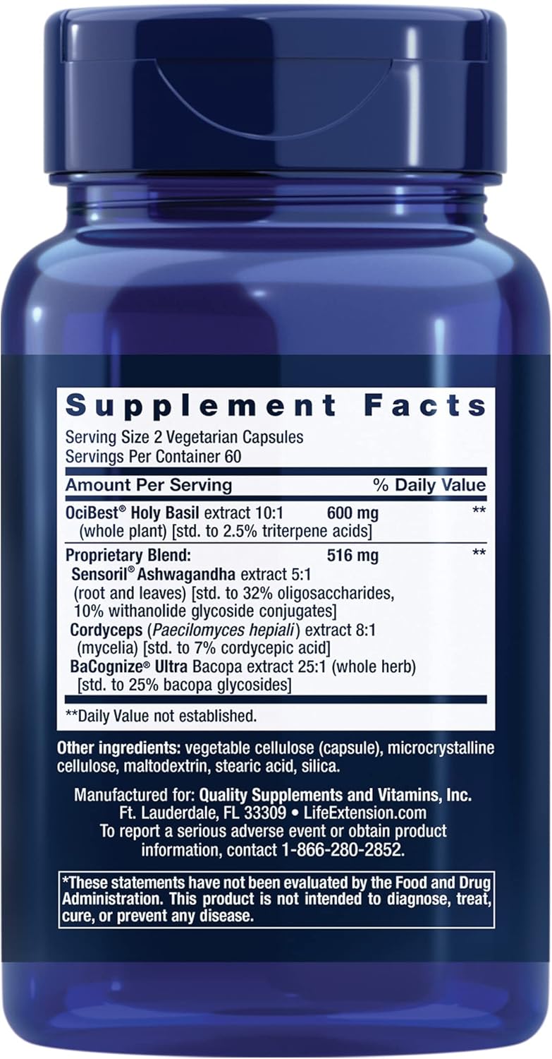Adrenal Energy Formula with Holy Basil, Cordyceps, Bacopa, and Ashwagandha - 120 Capsules, Stress Relief, Gluten-Free, Non-GMO, Vegetarian