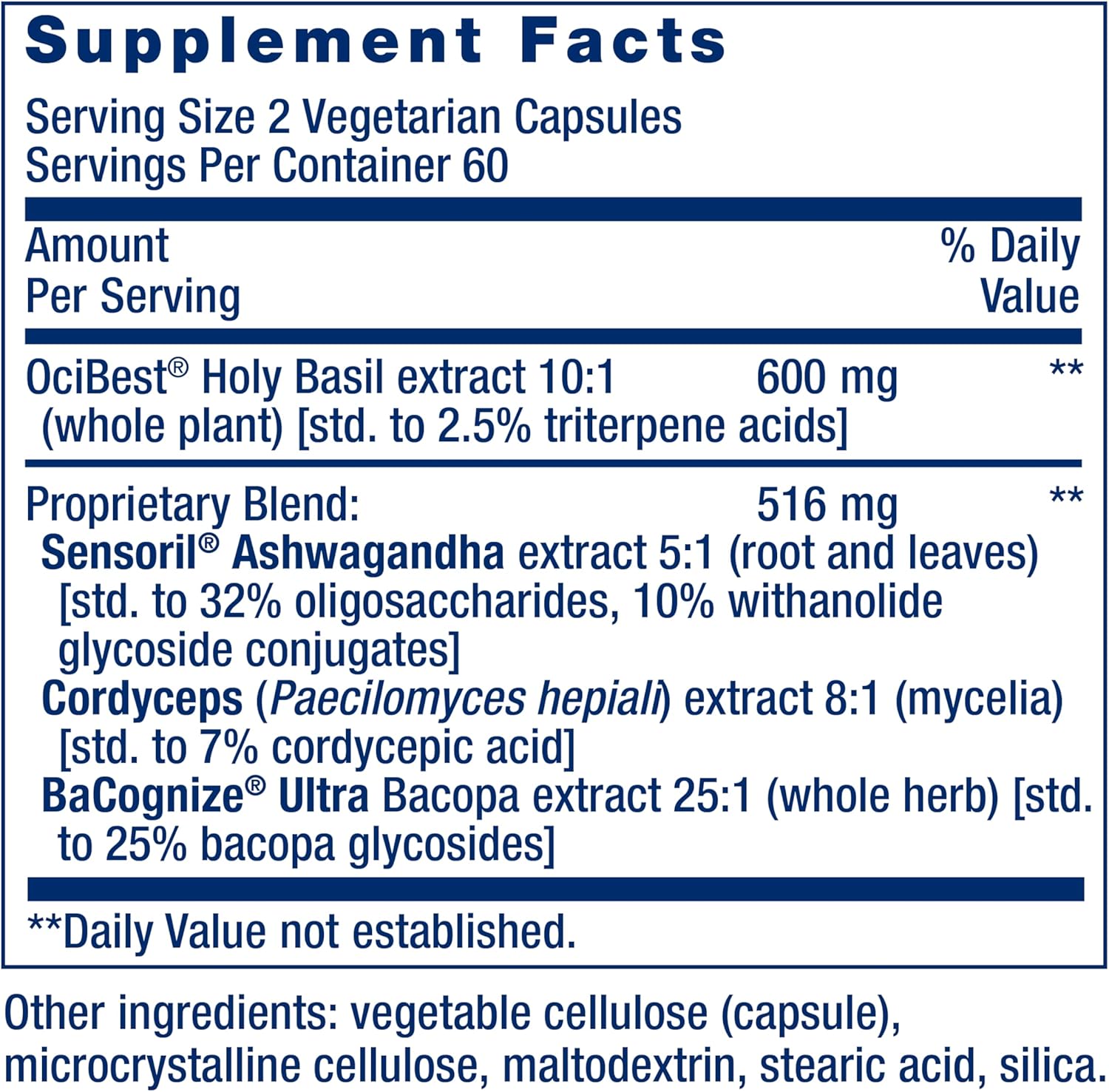 Adrenal Energy Formula with Holy Basil, Cordyceps, Bacopa, and Ashwagandha - 120 Capsules, Stress Relief, Gluten-Free, Non-GMO, Vegetarian