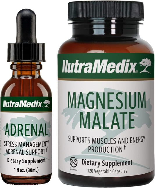 Adrenal Energy Support Bundle: Liquid Drops & Magnesium Malate Capsules - Boost Energy & Athletic Performance - Caffeine-Free - 2-Piece Set