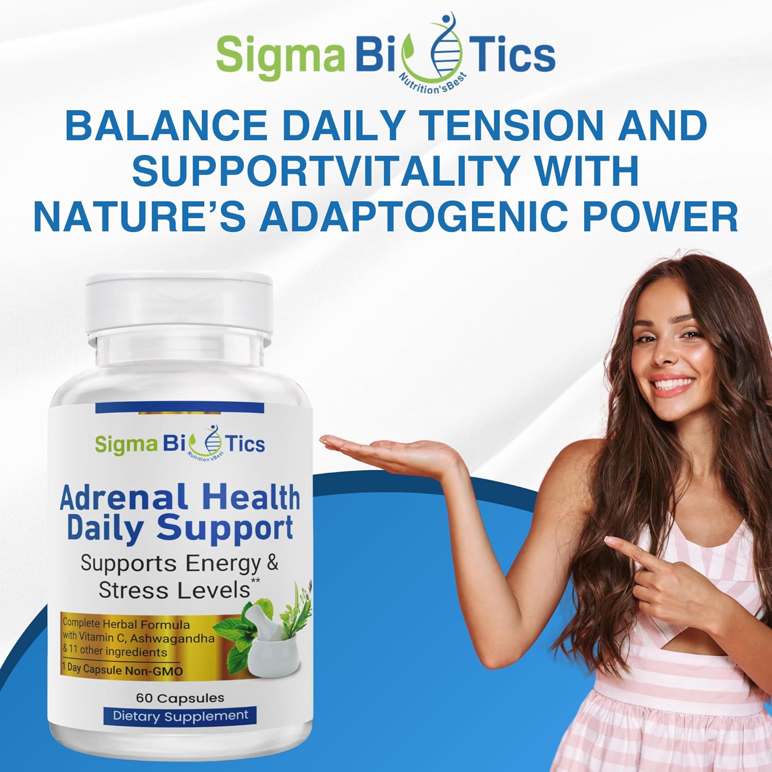 Adrenal Health Daily Support Supplement with Adaptogenic Herbs, Vitamins, and Amino Acids - Non-GMO Energy and Vitality Complex - 60 Capsules by SigmaBiotics