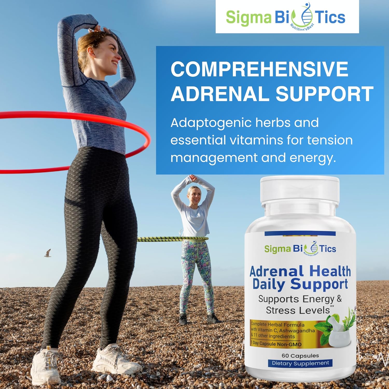 Adrenal Health Daily Support Supplement with Adaptogenic Herbs, Vitamins, and Amino Acids - Non-GMO Energy and Vitality Complex - 60 Capsules by SigmaBiotics