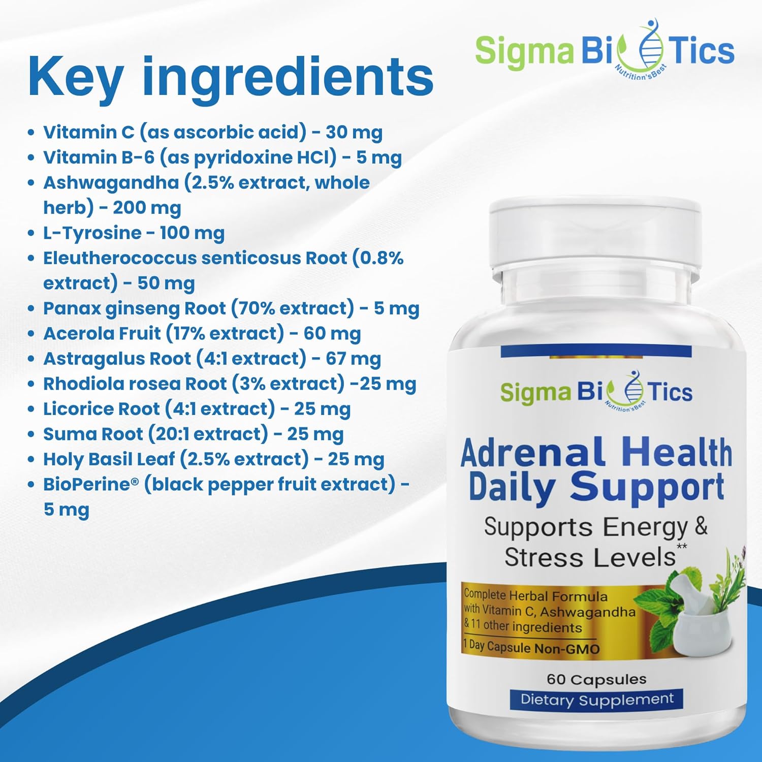 Adrenal Health Daily Support Supplement with Adaptogenic Herbs, Vitamins, and Amino Acids - Non-GMO Energy and Vitality Complex - 60 Capsules by SigmaBiotics