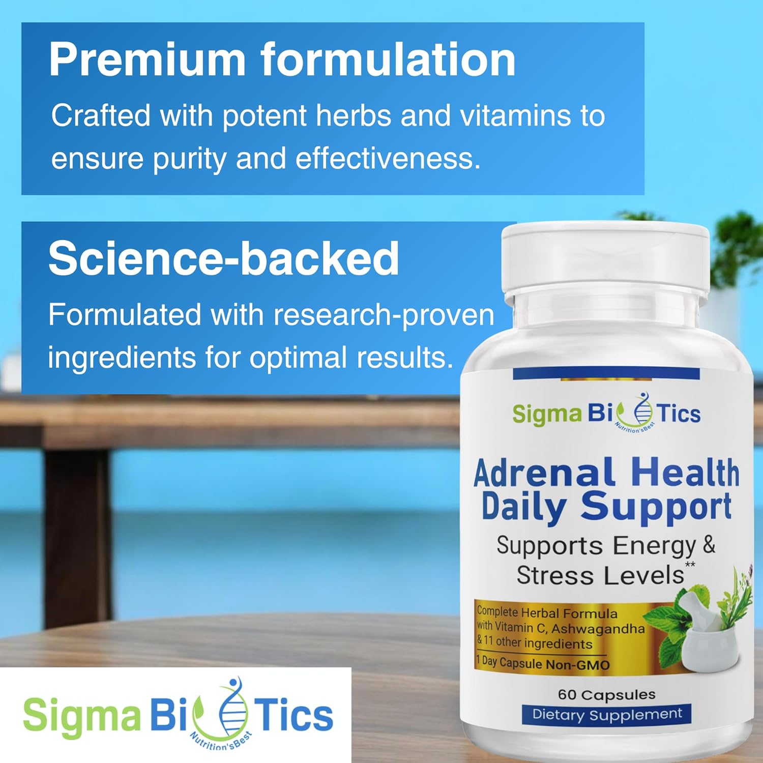 Adrenal Health Daily Support Supplement with Adaptogenic Herbs, Vitamins, and Amino Acids - Non-GMO Energy and Vitality Complex - 60 Capsules by SigmaBiotics