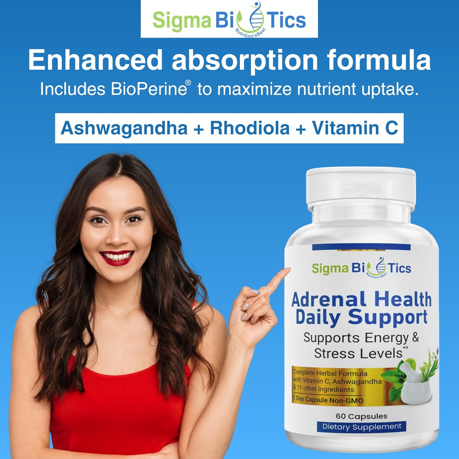 Adrenal Health Daily Support Supplement with Adaptogenic Herbs, Vitamins, and Amino Acids - Non-GMO Energy and Vitality Complex - 60 Capsules by SigmaBiotics