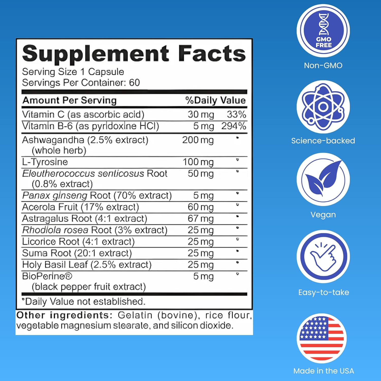 Adrenal Health Daily Support Supplement with Adaptogenic Herbs, Vitamins, and Amino Acids - Non-GMO Energy and Vitality Complex - 60 Capsules by SigmaBiotics