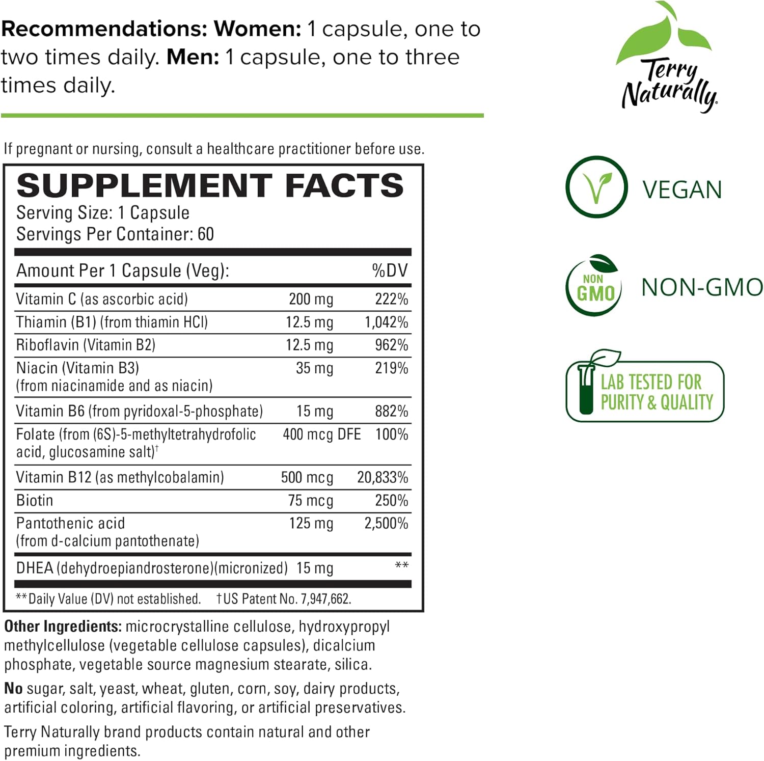 Adrenal Health & Energy Support Supplement with Vitamin C, B12, & DHEA - Vegan Formula - 60 Capsules