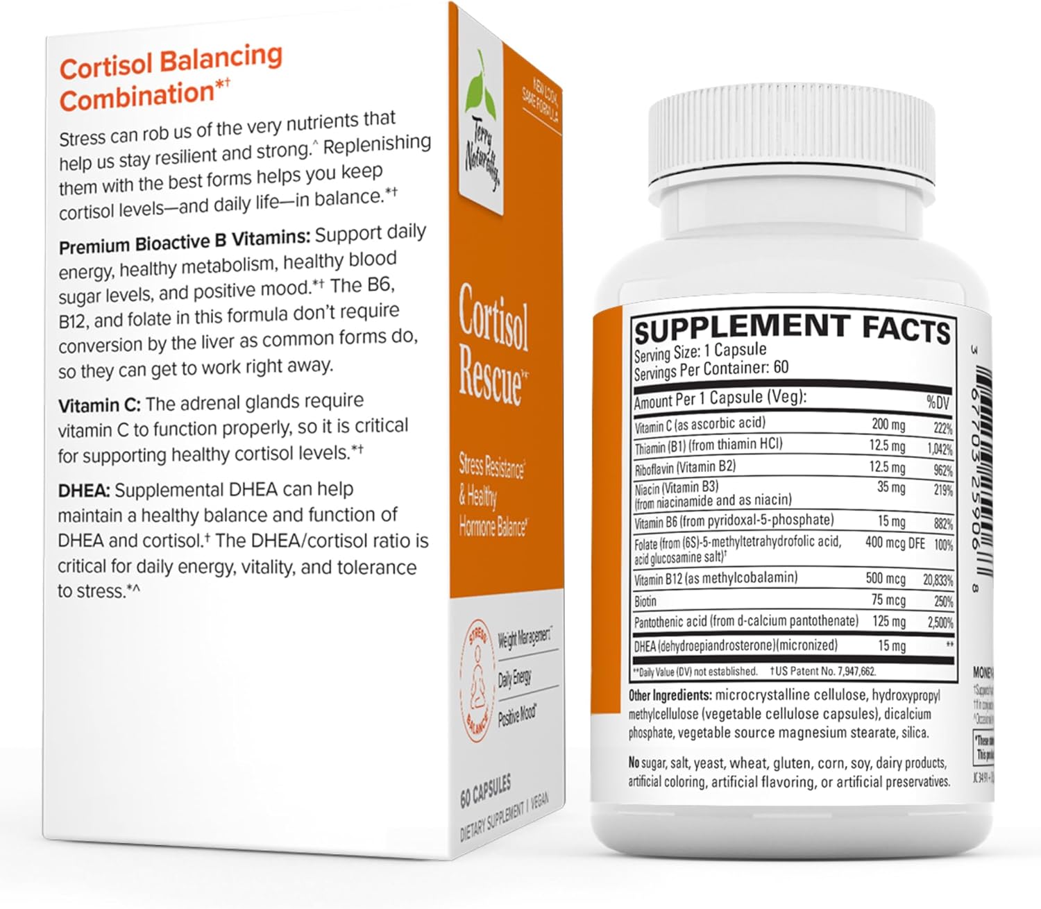 Adrenal Health & Energy Support Supplement with Vitamin C, B12, & DHEA - Vegan Formula - 60 Capsules