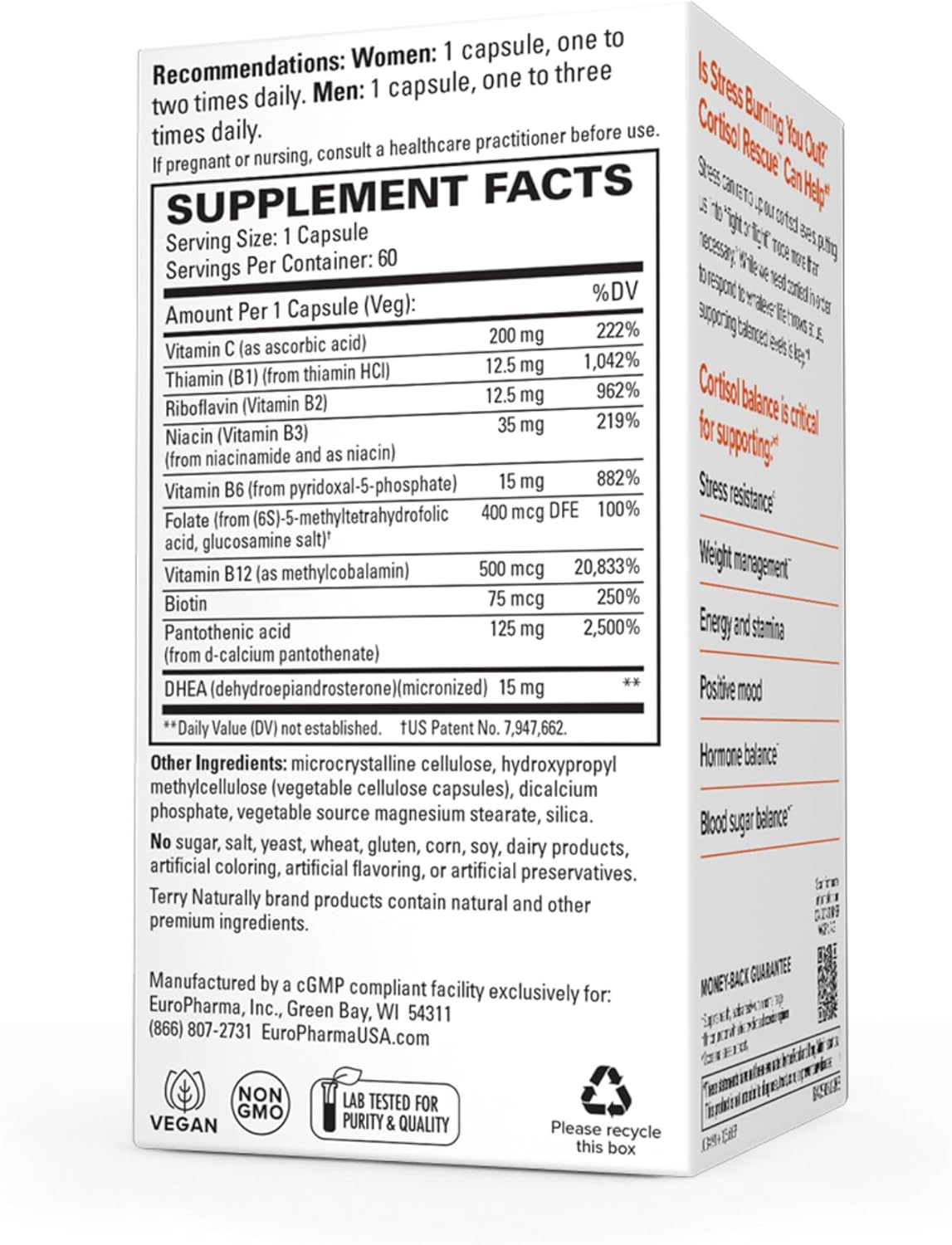 Adrenal Health & Energy Support Supplement with Vitamin C, B12, & DHEA - Vegan Formula - 60 Capsules