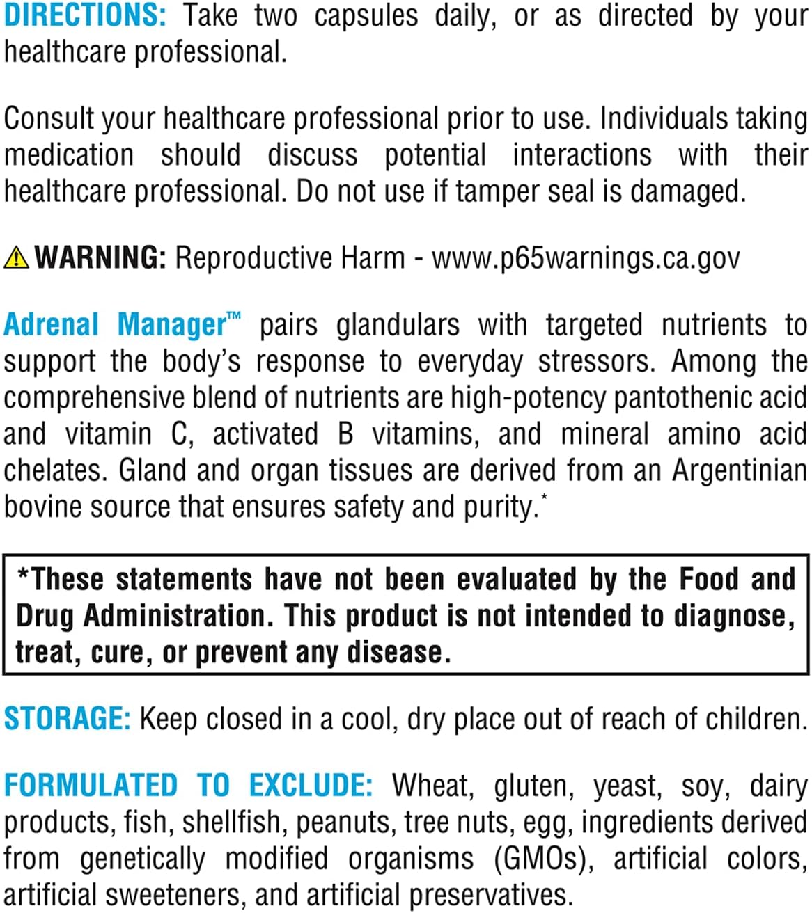 Adrenal Manager Supplement - Supports Energy, Stress Response + Adrenal Gland Health - with L-Tyrosine, Zinc, VIT B6, Magnesium - 120 Capsules