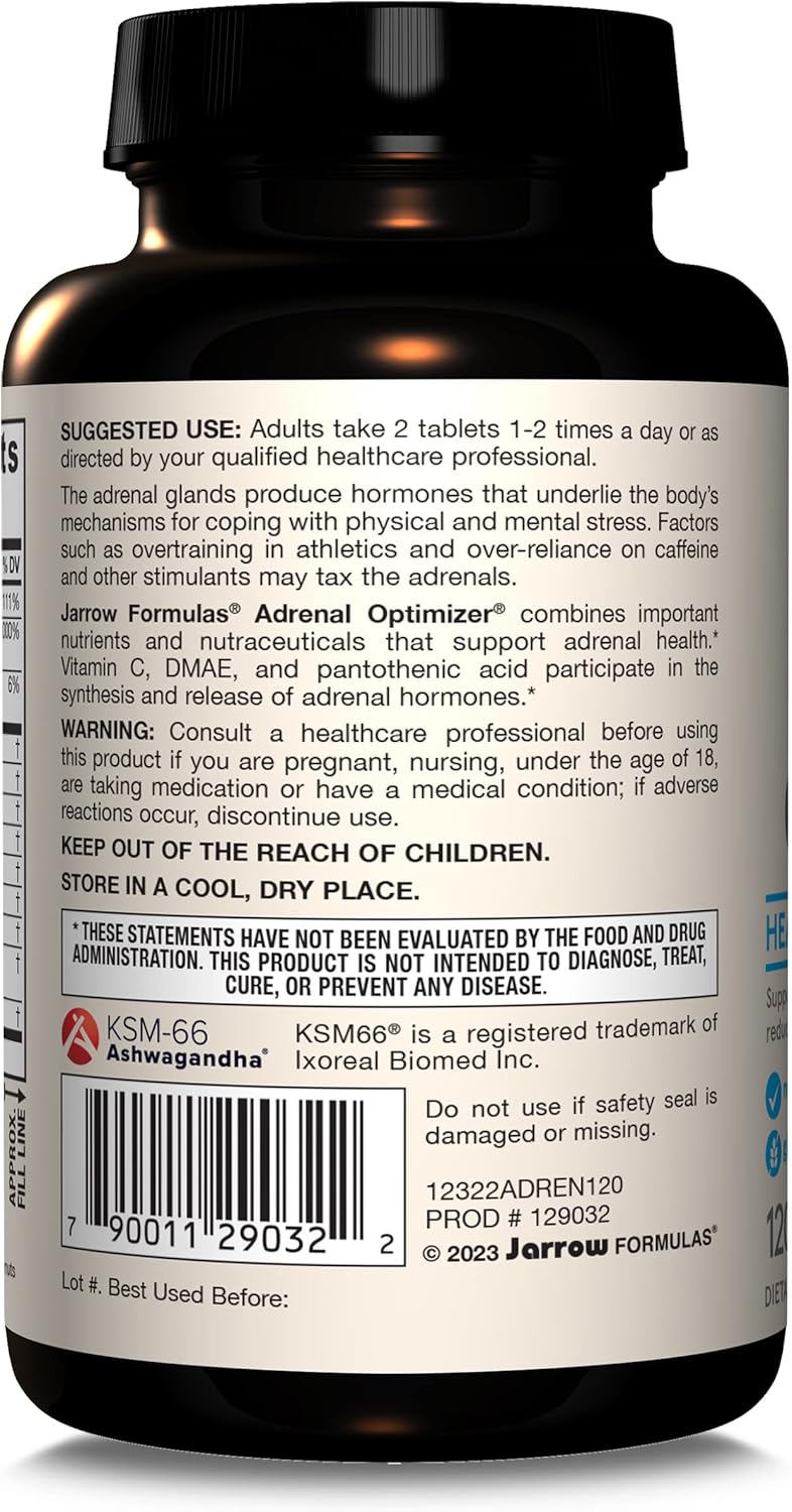 Adrenal Optimizer by Jarrow Formulas: Ashwagandha, Chamomile, Schizandra Extract - Stress Reduction Support - 120 Vegan Tablets, Pack of 12