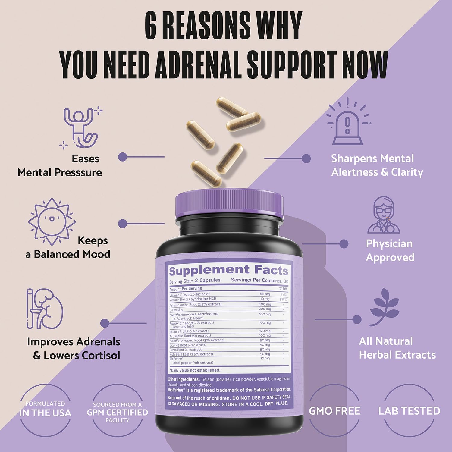 Adrenal Support & Cortisol Manager Supplement with High Purity Adaptogens for Natural Energy & Mood Boost