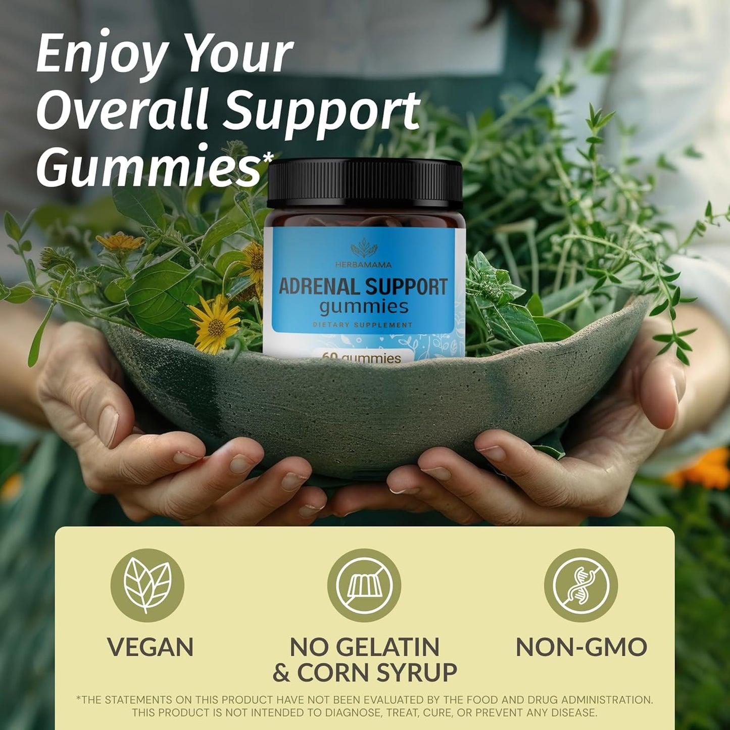 Adrenal Support Gummies for Women - Ashwagandha, Rhodiola Rosea & Magnesium - Vegan & Non-GMO - 60 Blueberry Chews