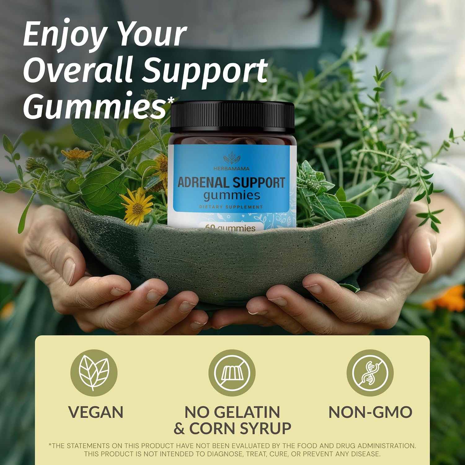 Adrenal Support Gummies for Women - Ashwagandha, Rhodiola Rosea & Magnesium - Vegan & Non-GMO - 60 Blueberry Chews