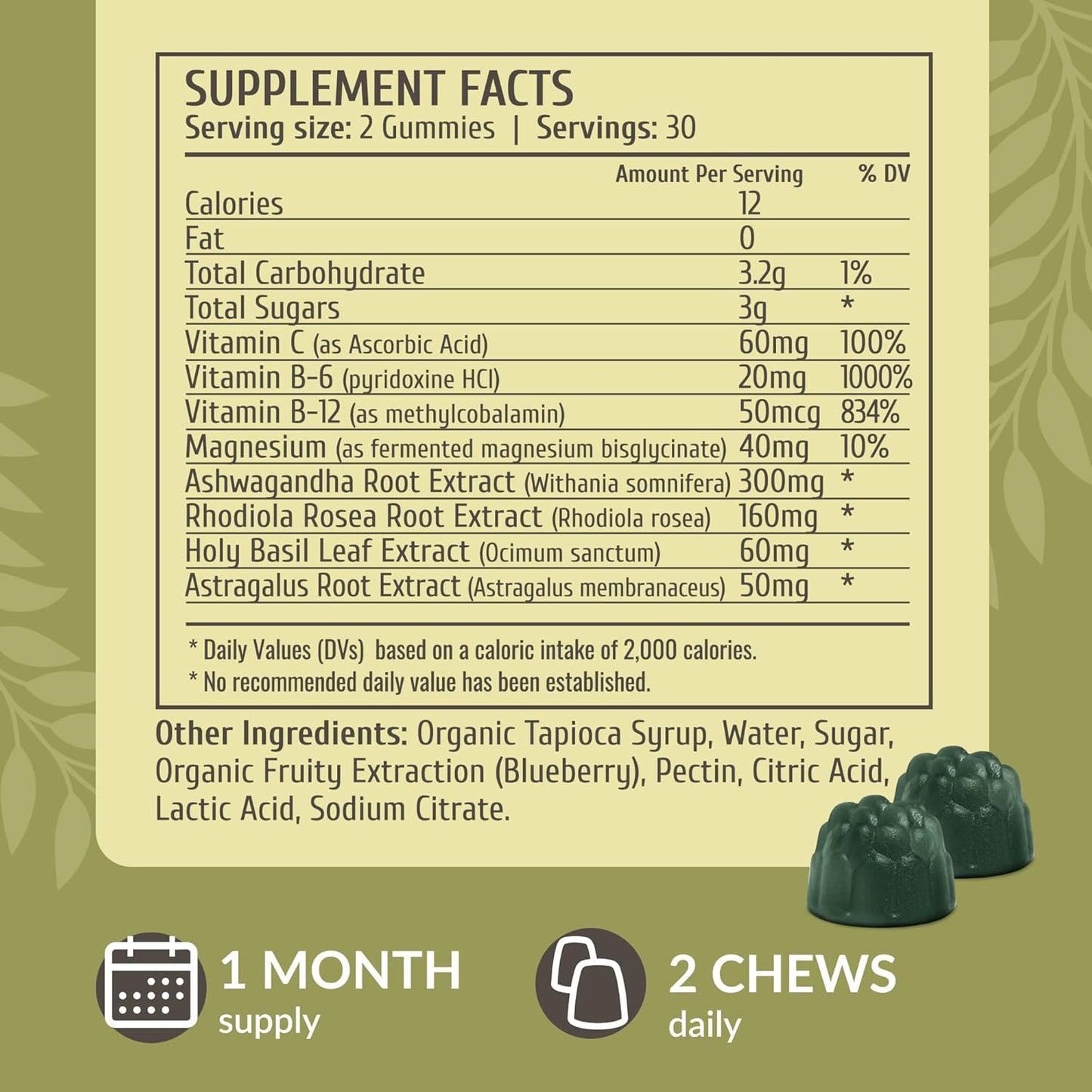 Adrenal Support Gummies for Women - Ashwagandha, Rhodiola Rosea & Magnesium - Vegan & Non-GMO - 60 Blueberry Chews