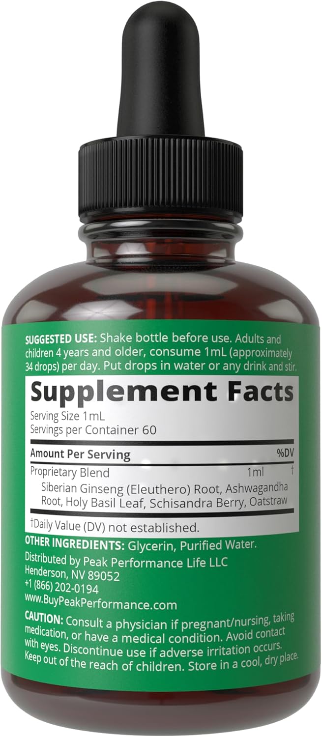Adrenal Support Liquid Drops for Peak Performance and Energy Restoration. Gender-Neutral Complex with Adaptogens for Healthy Cortisol Management.