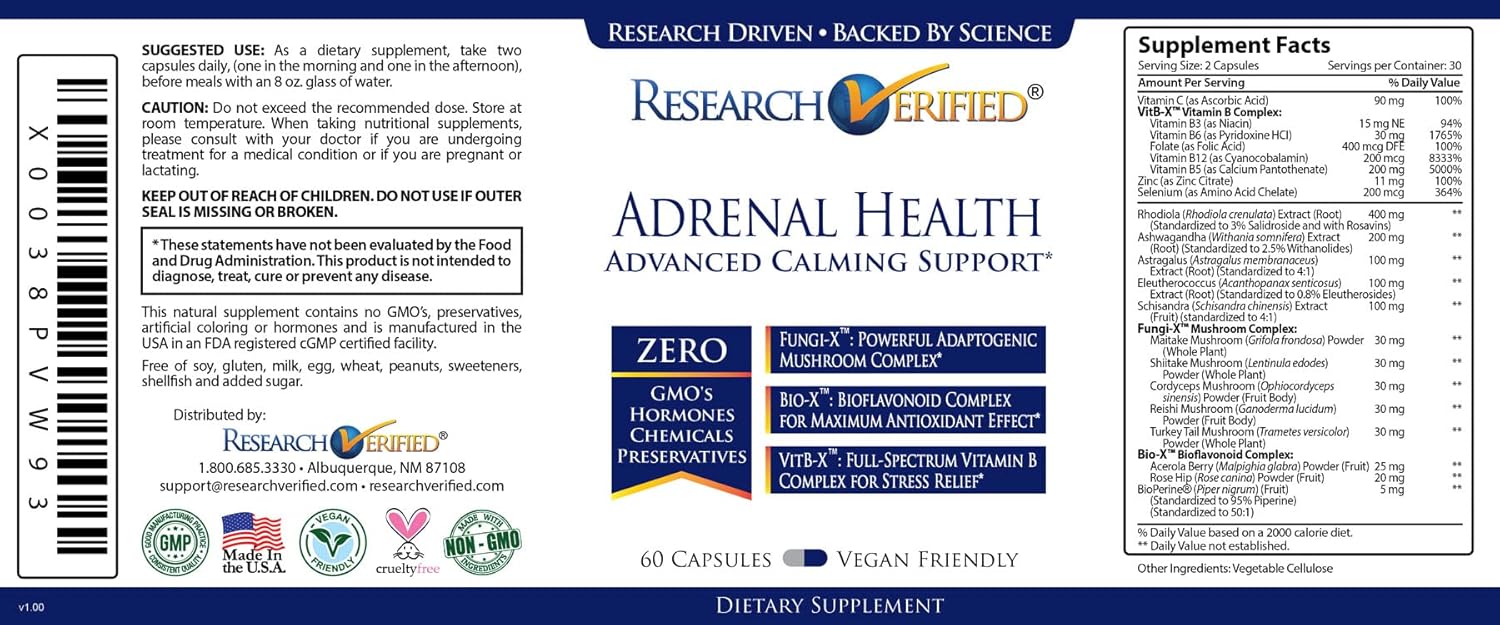 Adrenal Support Supplement - 180 Capsules - Boost Energy, Balance Cortisol - Mushrooms, B Vitamins, Bioflavonoids
