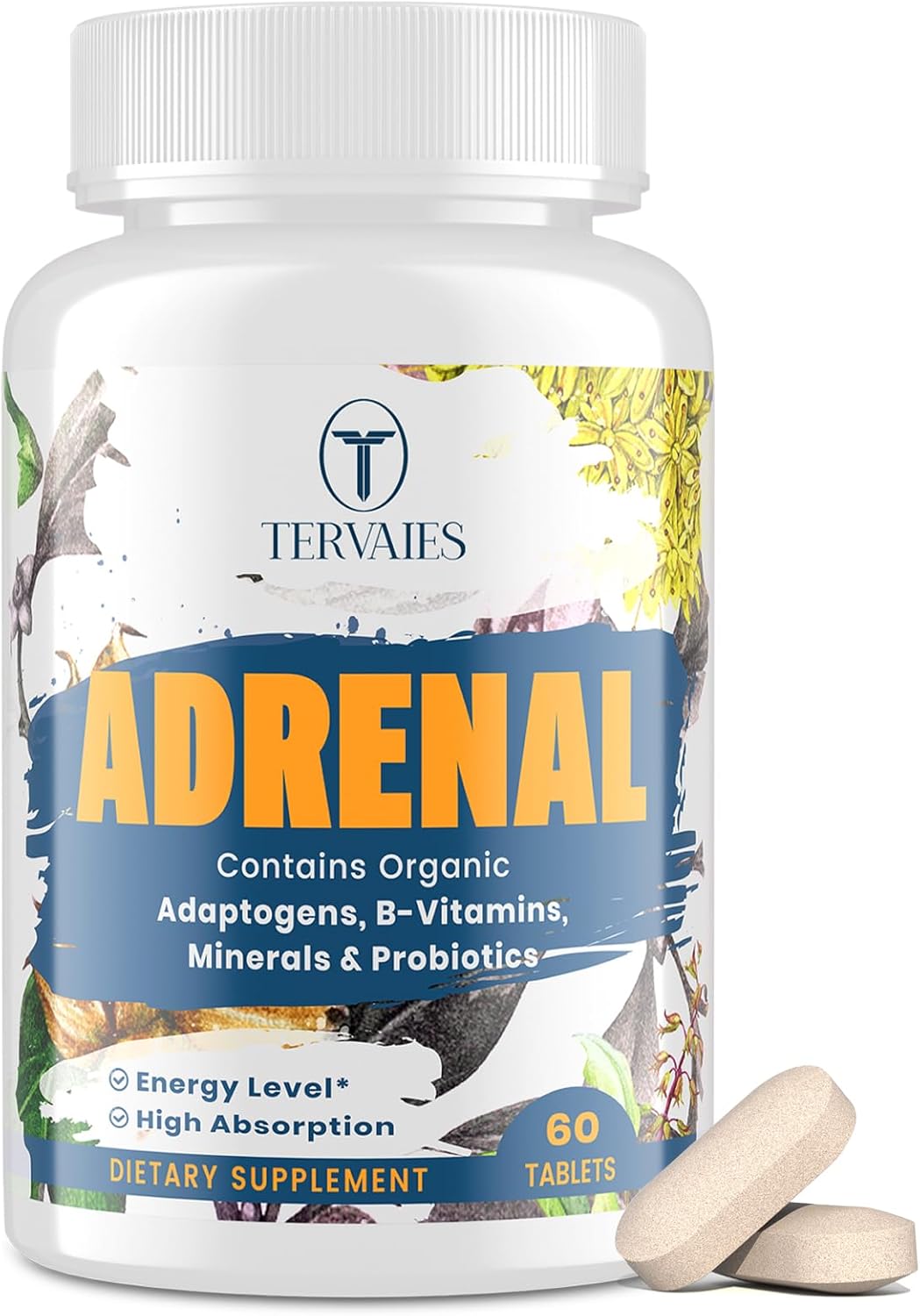 Adrenal Support Supplement with Adaptogens for Mood and Energy - Rhodiola Rosea, Ashwagandha, Holy Basil, Eleuthero - Non-GMO Vegan Tablets for Men and Women, 60 Count