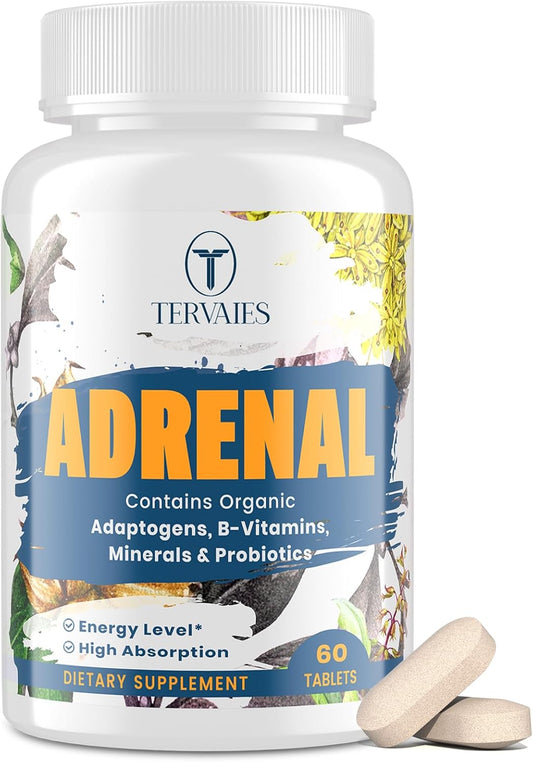 Adrenal Support Supplement with Adaptogens for Mood and Energy - Rhodiola Rosea, Ashwagandha, Holy Basil, Eleuthero - Non-GMO Vegan Tablets for Men and Women, 60 Count