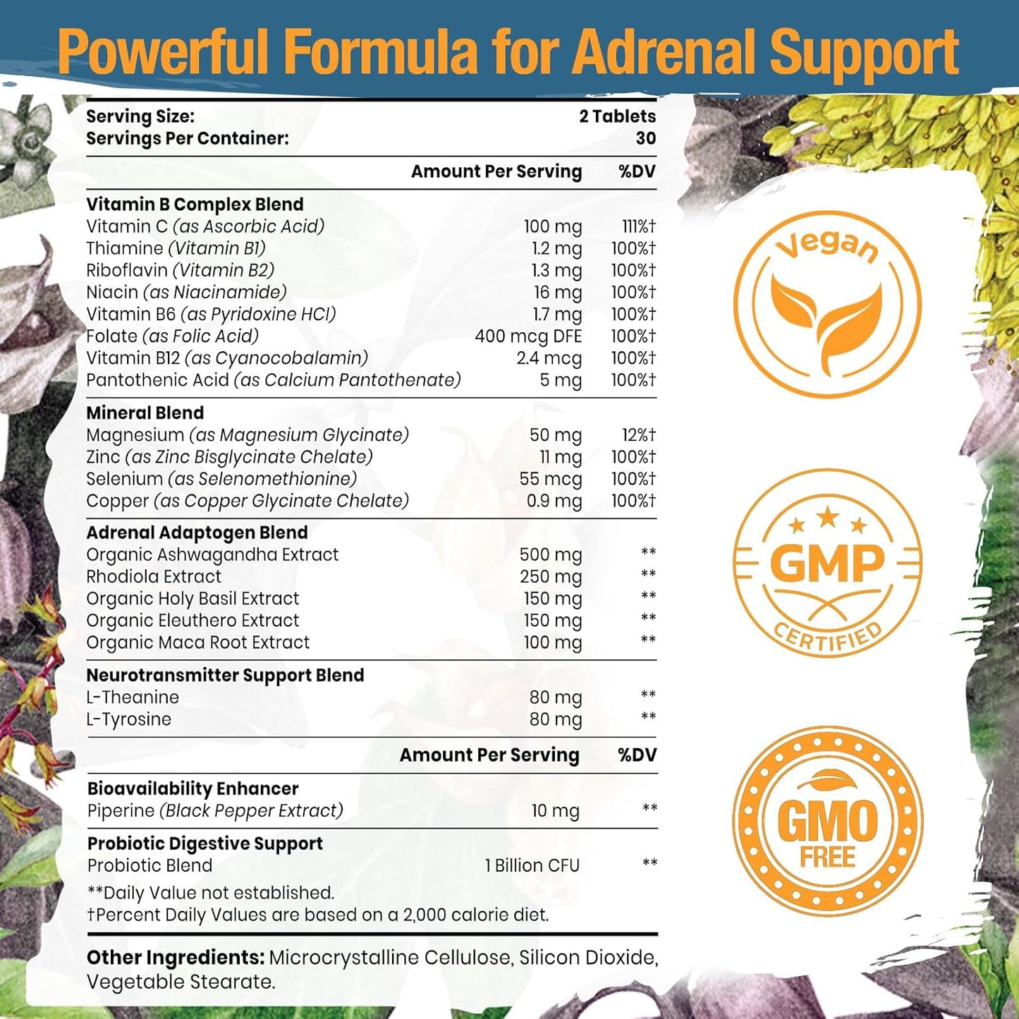 Adrenal Support Supplement with Adaptogens for Mood and Energy - Rhodiola Rosea, Ashwagandha, Holy Basil, Eleuthero - Non-GMO Vegan Tablets for Men and Women, 60 Count