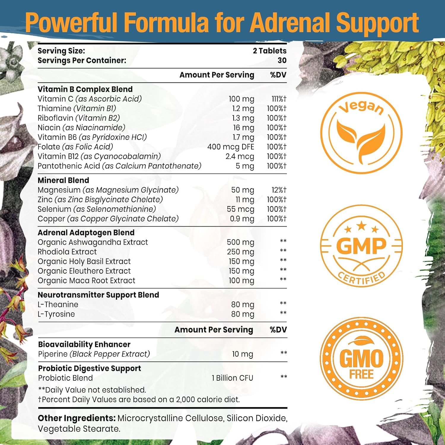 Adrenal Support Supplement with Adaptogens for Mood and Energy - Rhodiola Rosea, Ashwagandha, Holy Basil, Eleuthero - Non-GMO Vegan Tablets for Men and Women, 60 Count